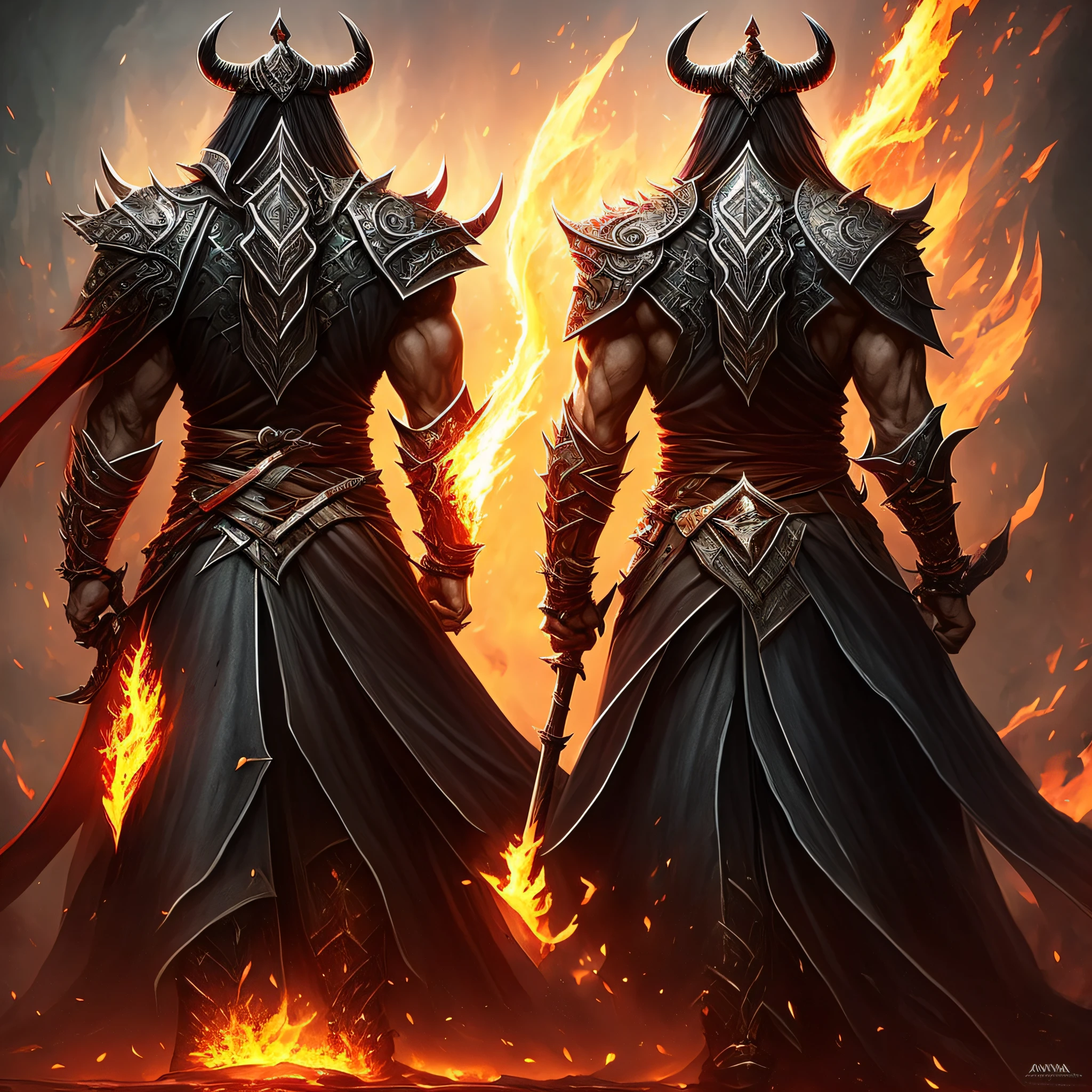 Arafard with the devil's sword and fire from behind image, fit male demon with white horns, by Yang J, djinn man male demon, Amazing 8K character concept art, Demon Samurai from behind, Demon warrior warrior from behind, Epic fantasy digital art style, lord of cinder, demon noble character design, demon soul concept art, Epic fantasy character art,multiple views, multiple views,From behind,From behind,From behind --auto