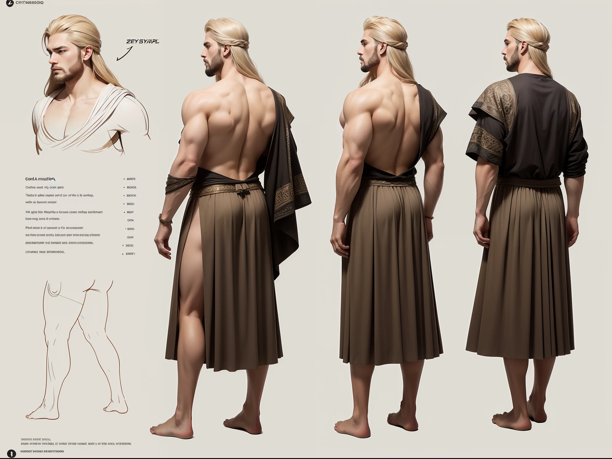 (masterpiece), ultra-detailed, 3 views, character view(front view, side view , back view),ultra detailed to each 3 views, (small character sheet) , reference sketch of a God, Greek mythology God, Zeus, His physical appearance is usually portrayed with a strong and muscular build, wearing traditional Greek clothing, like a flowing robe or chiton, ultra-realistic and sharp detail and intricate, intricate details, and style, simple background illustration