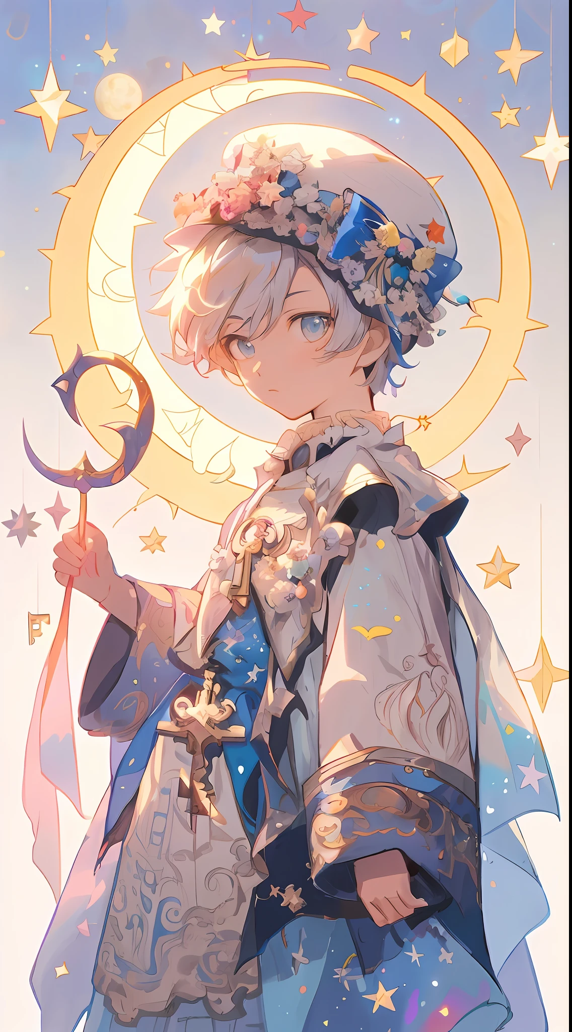 Anime boy with blue dress and hat with stars, detailed fan art, zerochan art, Detailed key anime art, Trending on ArtStation pixiv, Portrait of a magical boy, beautiful celestial mage, highly detailed exquisite fanart, guweiz on pixiv artstation, Key Anime Art, lunar themed attire, high detailed official artwork, Anime Illustration, zerochan