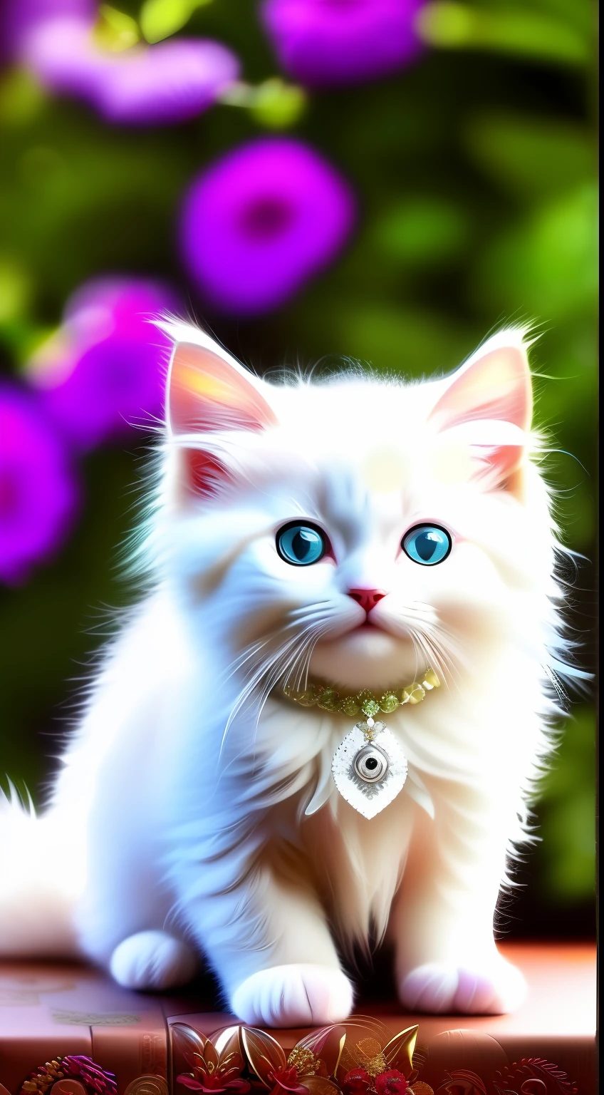 A white-haired kitten， shaggy，sparkle eyes，Jewelry and flowers in the background，ssmile，Funny，Left，Round box，Catstravaganza