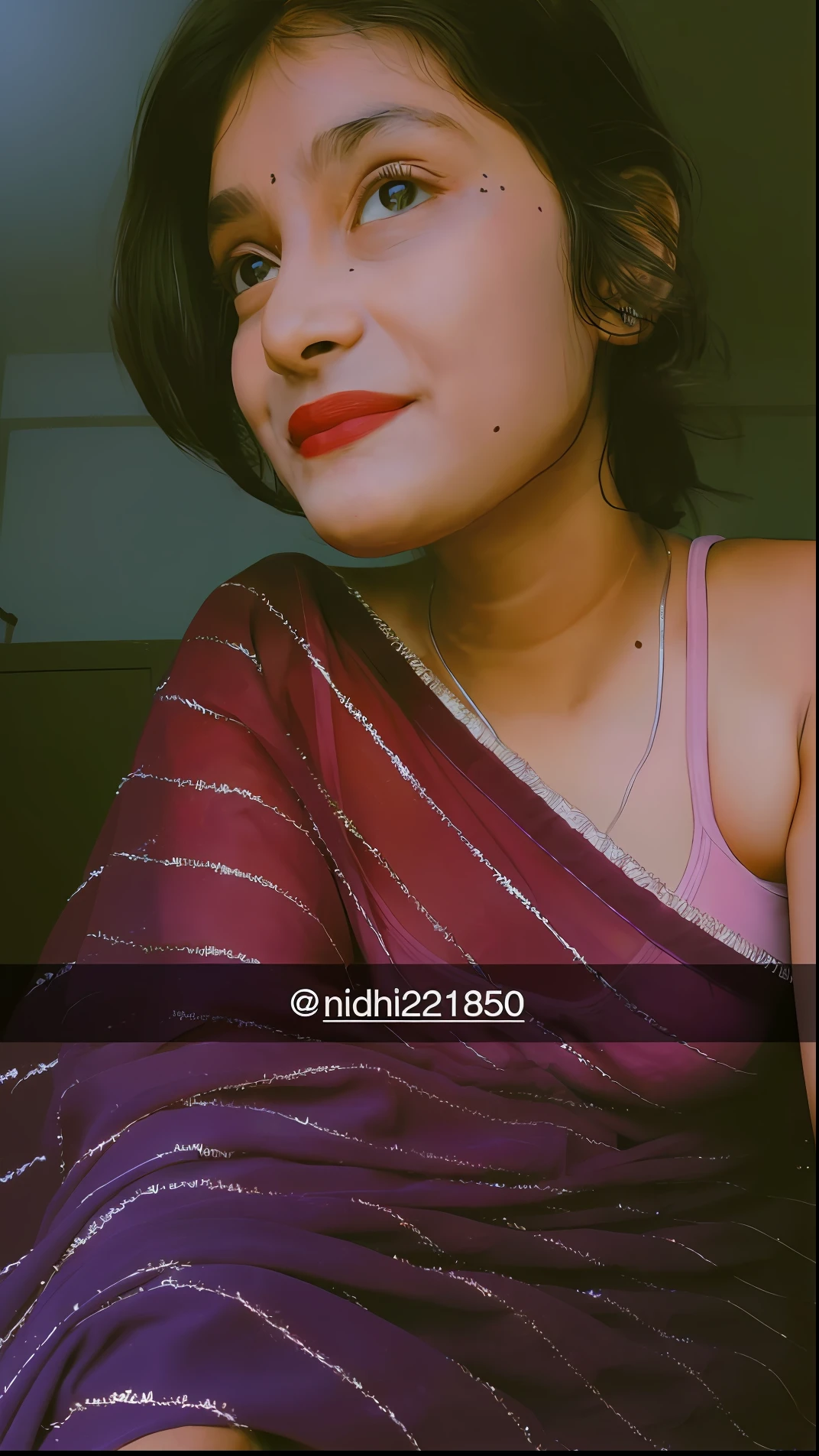 a close up of a woman in a purple sari, with a seductive smile, candid picture, candid photo, thick neck, candid!! dark background, with very thin lips, naughty smile, with lovely look, front profile!!!!, assamese aesthetic, with instagram filters, thick lips, in rich color, smooth in _ the background, with cute - fine - face