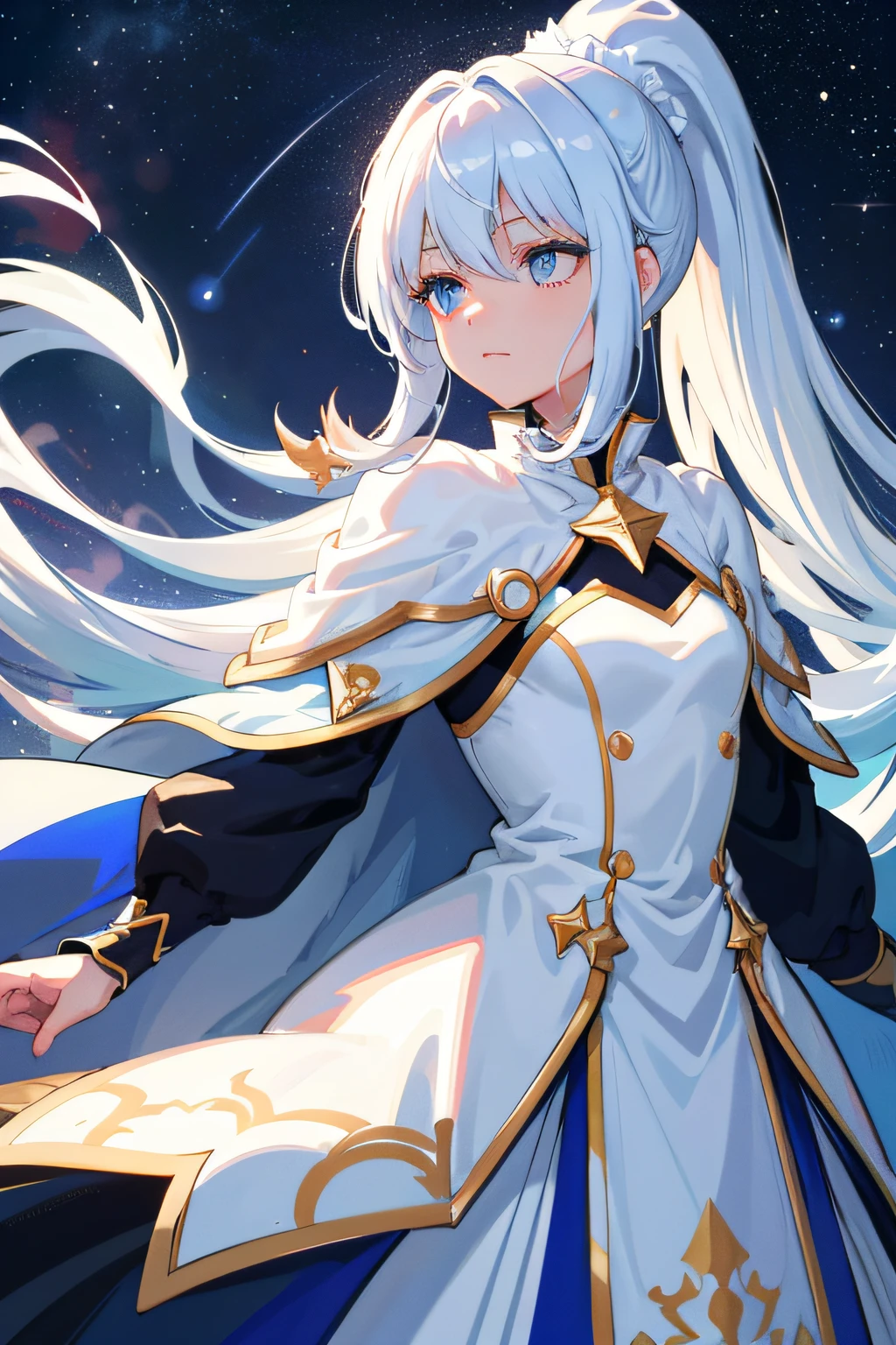 White hair, Blue eyes, High ponytail, Cape,Redhead gradient,{{Best quality}}, {{Masterpiece}}, {{Ultra-detailed}}, {illustration}, {Detailed light}, {An extremely delicate and beautiful}, A girl, {Beautiful detailed eyes}, Stars in Eyes, Messy floating hair, Colored inner hair, Starry sky adorns hair, depth of fields,Loli