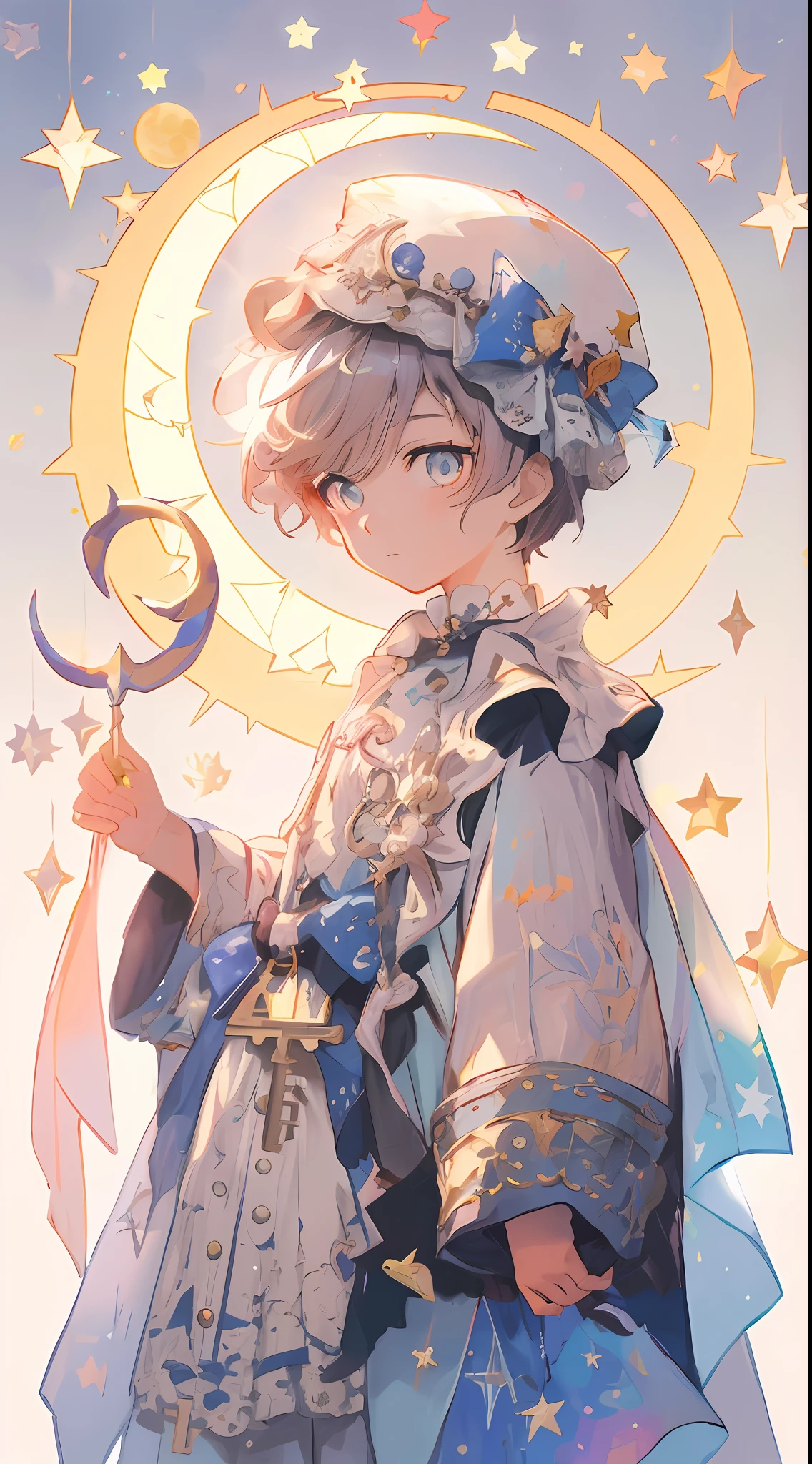 Anime boy with blue dress and hat with star, detailed fan art, zerochan art, Detailed key anime art, Trending on ArtStation pixiv, Portrait of a magical boy, beautiful celestial mage, highly detailed exquisite fanart, guweiz on pixiv artstation, Key Anime Art, lunar themed attire, high detailed official artwork, Anime Illustration, zerochan