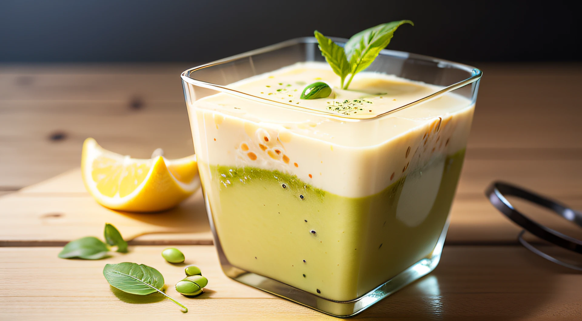 The square transparent box is filled with mung bean milk smoothie,,Simple and fresh background,Summer feeling,Enhances appetite,Spread the mung beans on the ground,Overall simplicity