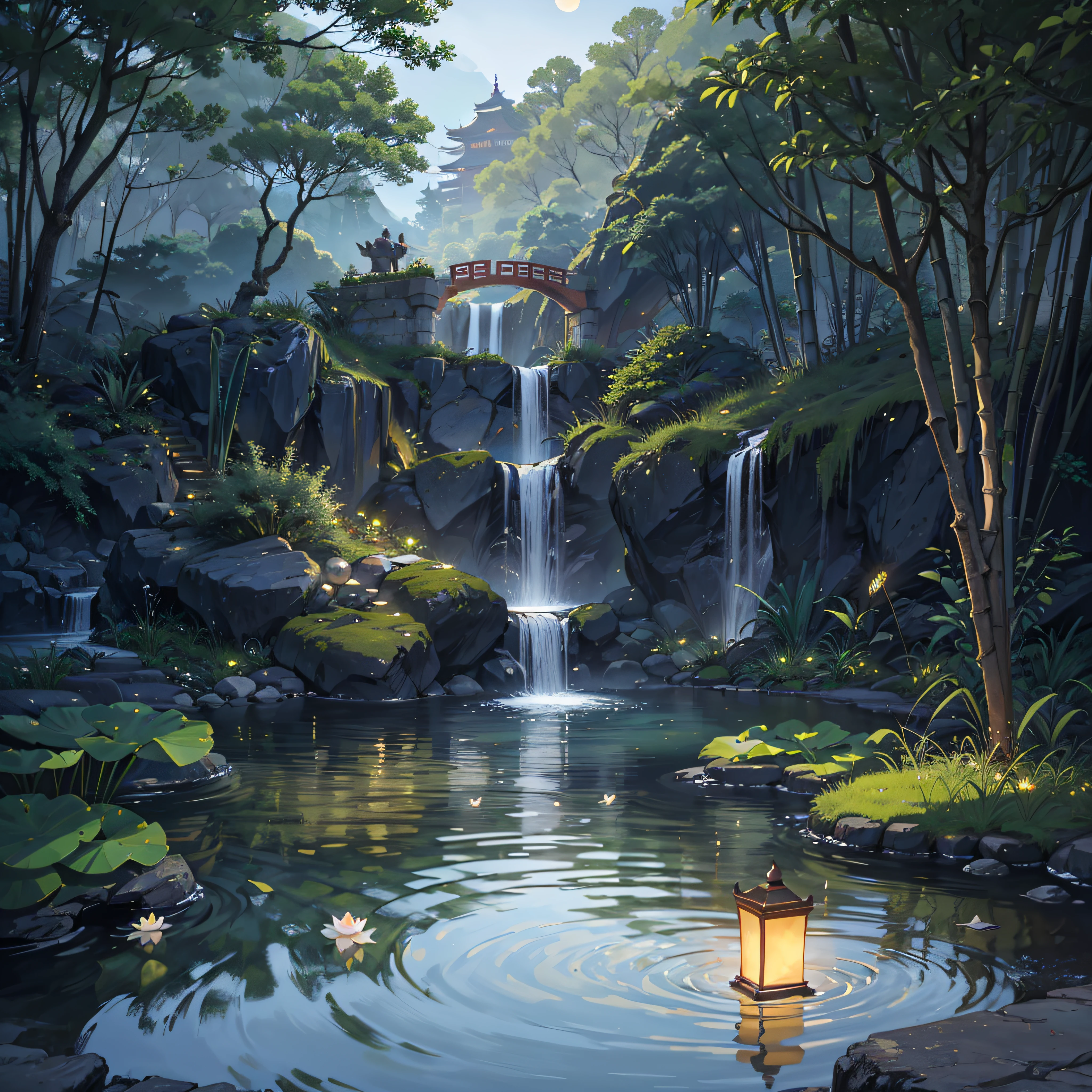 Ancient Chinese architecture, garden, bamboo, lake, stone bridge, rockery, arch, corner, rockery, tree, flowing water, landscape, outdoor, waterfall, meadow, rock, water lily, stream, lotus, moon, night view, hot springs, water vapor, (illustration: 1.0), epic composition, realistic lighting, high-definition detail, masterpiece, best quality, (very detailed CG unified 8k wallpaper), (best quality) --auto