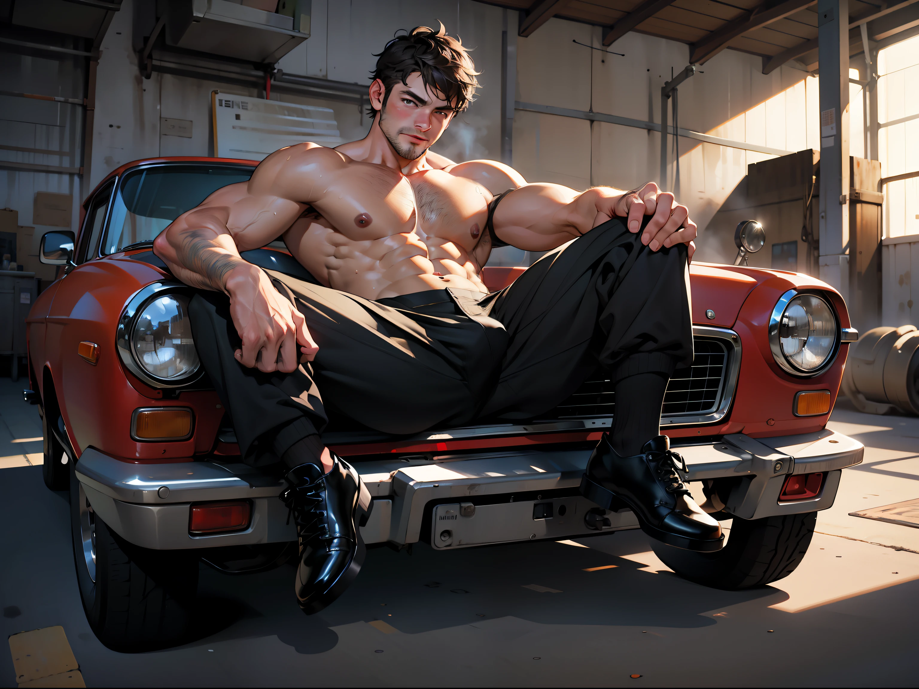 masterpiece, best quality, face, natural eyes, 1man, young man, boy, muscled and mature, mechanic, sweating, tight cloth, naked, full body,recline on the ground, legs side open, black socks, leather shoes, only wear underwear