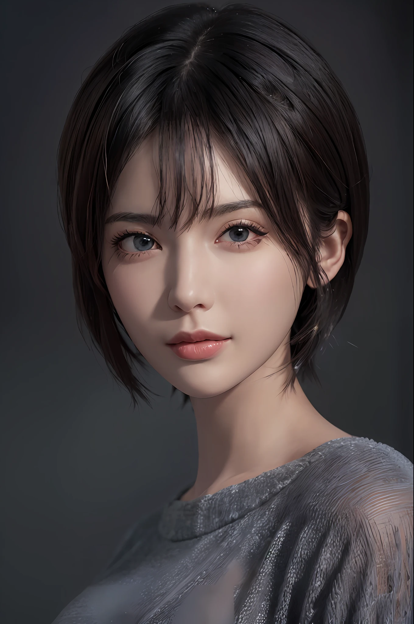 (masterpiece:1.3), (8k, photorealistic, RAW photo, best quality: 1.4), (1girl), beautiful face, (realistic face), (black hair, short hair:1.3), beautiful hairstyle, realistic eyes, beautiful detailed eyes, (realistic skin), beautiful skin, (sweater), absurdres, attractive, ultra high res, ultra realistic, highly detailed, golden ratio