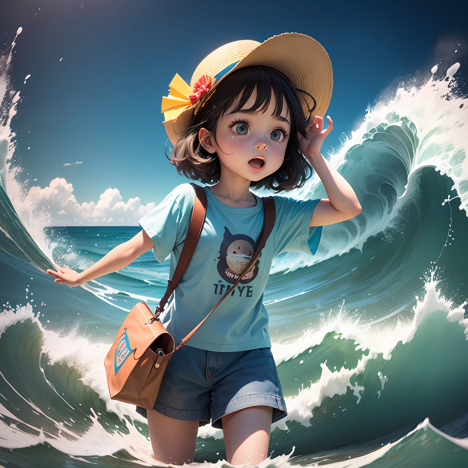 Celluloid style,Wave painting,American illustration,A little girl holds a bag of snacks,There are breadcrumbs on the side of the mouth,ultra cute,extremely colorful,watery big eyes,having fun,Being in the room,3D,BLENDER,OC,C4D,--AR 3:4 --STYLE RAW --S250 --V 5.2 --auto