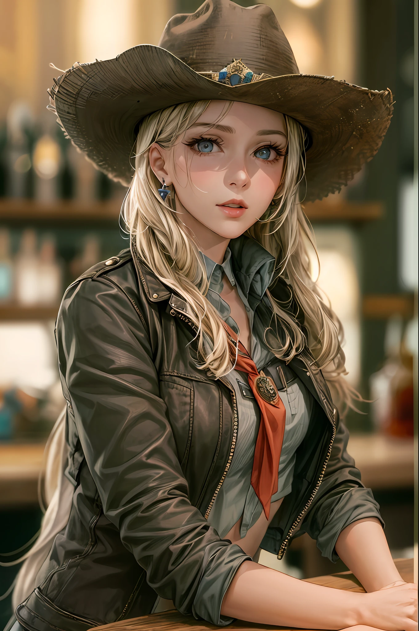 Cinematic portrait photography、octan render、8K、1girl in、30-years old、Calm、Calm、(Eye for realistic details、natural skin textures、Realistic face details)、Soft dramatic lighting、depth of fields、bokeh dof、vibrant detail、finely detail、Surreal、100mm film、Hazy blur、filmg、a blond、verd s eyes、Cowgirl costume, cowboy boots, fringe trim, vests, Tied shirt, Midriff, holster, bandana, Sheriff Badge, Glass on the counter, a bar counter, Wooden wall,Riding a horse to a man
