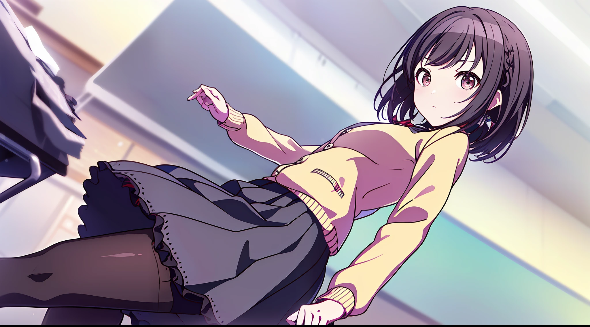 ((Picture quality and style:high high quality、Best quality at best、Masterpiece level),Shinoun Ena style,Girl in uniform,solo performance,In the classroom,sittinng on the desk,Wearing black pantyhose,16:9 computer wallpapers)
