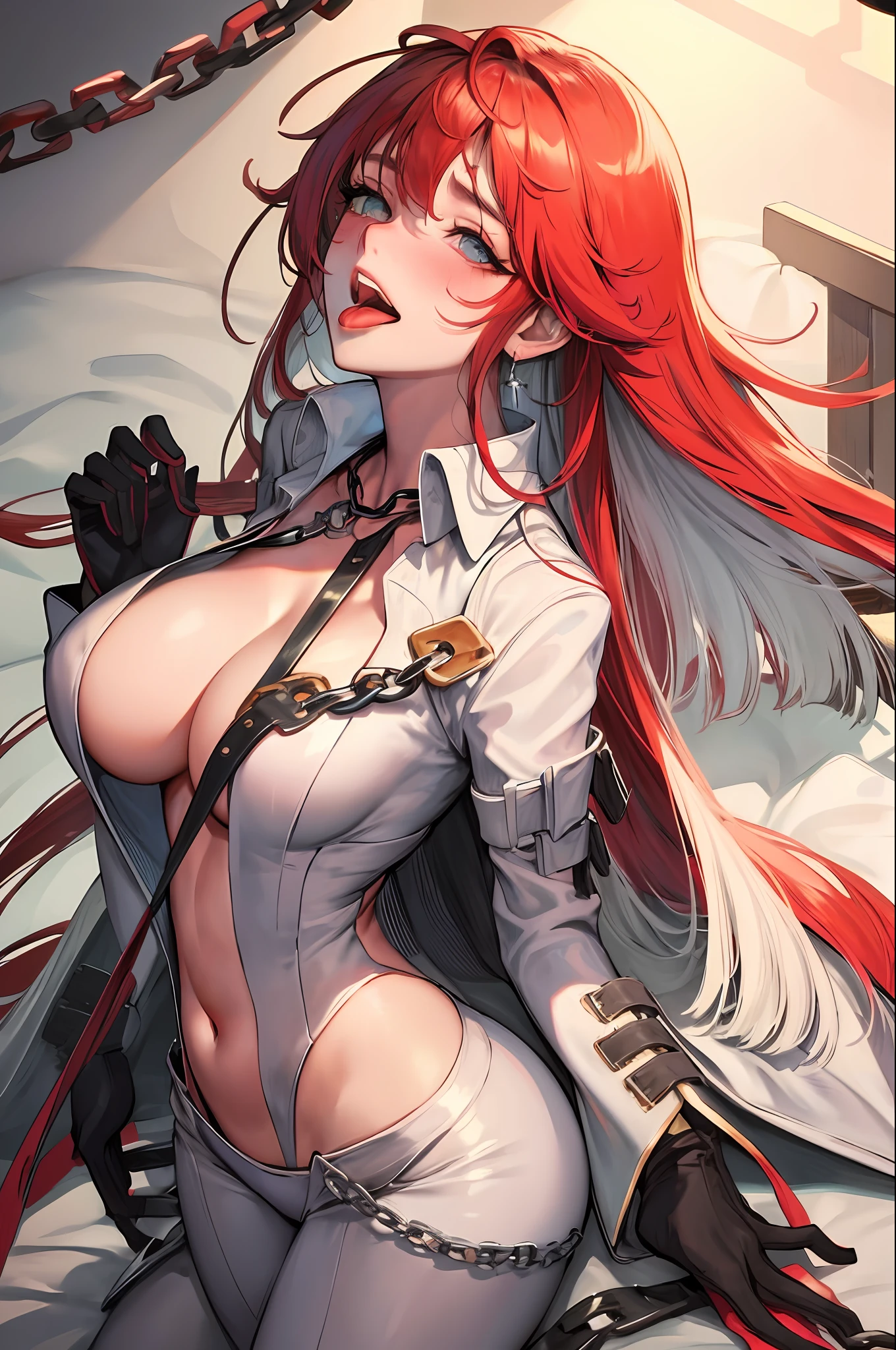 fantasy, 1 , cottage, human, big tits, navel,,(masterpiece, best quality), sidelightning, ,beautiful detailed eyes, slave chain, slave collar, lying on bed, slave clothing, eyes rolling, tongue out, with tongue, crazy, open mouth, screaming, ahegao, heavy breathing, blush, sweat, slave clothing, multicolored hair, long hair