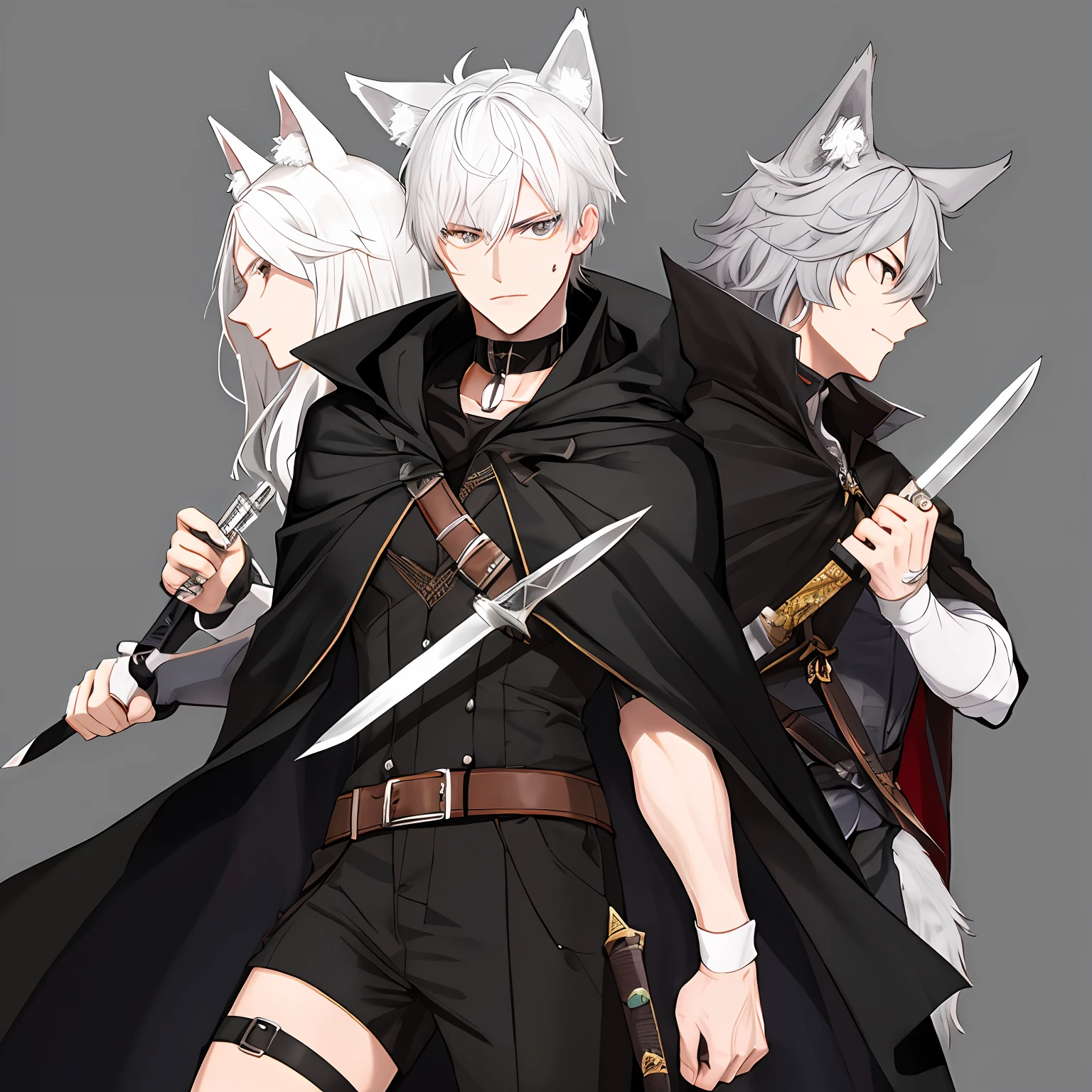 White hair，Wolf ears，Black cape，Double knife，seminude