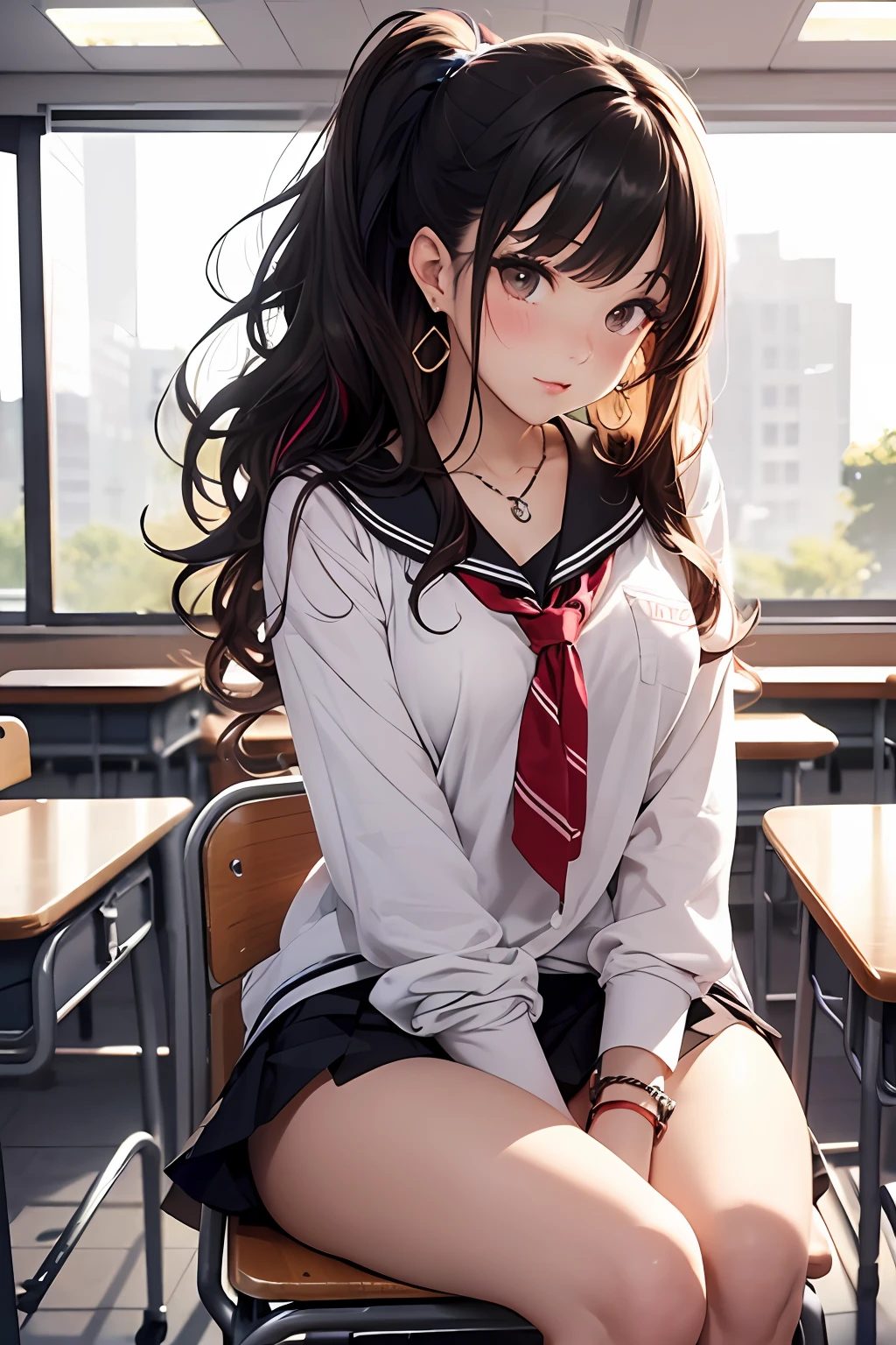 (Masterpiece: 1.3), (Maximum resolution: 1.2), (Ultra HDTV: 1.2), Cinema light, Ultra HDTV, (Detailed eyes and skin), (Detailed facial features), HDR, 8k resolution, Sharp Focus: 1.2, Perfect style, beautiful face, accurate, anatomically correct, highly detailed face and skin texture, detailed eyes, brown eyes, double eyelids, thin eyebrows, glitter eyeliner: 1.2, natural cheeks, glossy skin, fair skin: 1.2, shiny little necklace and earrings, (glossy lips: 1.4),
BREAK
first-person-view, Wearing a High school uniform, (showing a little string panties), (embarrassed:1.2), (blush:1.2), Innocent and Cute girl,
(ponytail in high position, wavy hair, bangs flowing diagonally), (Multi color hair:1.2), medium long hair,
BREAK
(Full body shot: 1.2), (focus on legs), ((Very intimate relationships: 1.2)), (medium large breasts:1.2),
(((In the classroom: 1.2)), ((Sitting on the school chair with one's legs up:1.4)), (looking down at viewer)), (from directly below:1.2),