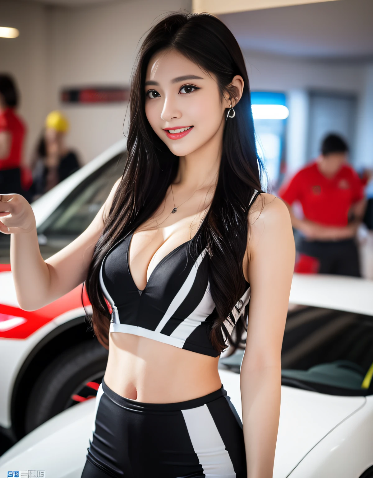 8k uhd, dslr, RAW photo, photorealistic, ultra realistic, cinematic lightning, high detailed, high detailed skin, high quality , Tamron SP 70-300mm F/4-5.Photo taken by 6,The highest quality, Slightly visible chest and thighs, The ultra-Highres, slim waist, Lovely smile, highly detailed faces, Detailed lips, detailed eyes, Double eyelidd, Long black hair, Black-haired god, Spectacular sports car exhibition, Bright and cheerful atmosphere, Lovely eyes, (Racing models), Racing model costumes, Colorful costume colors, model poses, full body photograph,Bright and tight-fitting clothes, Sexy fashion