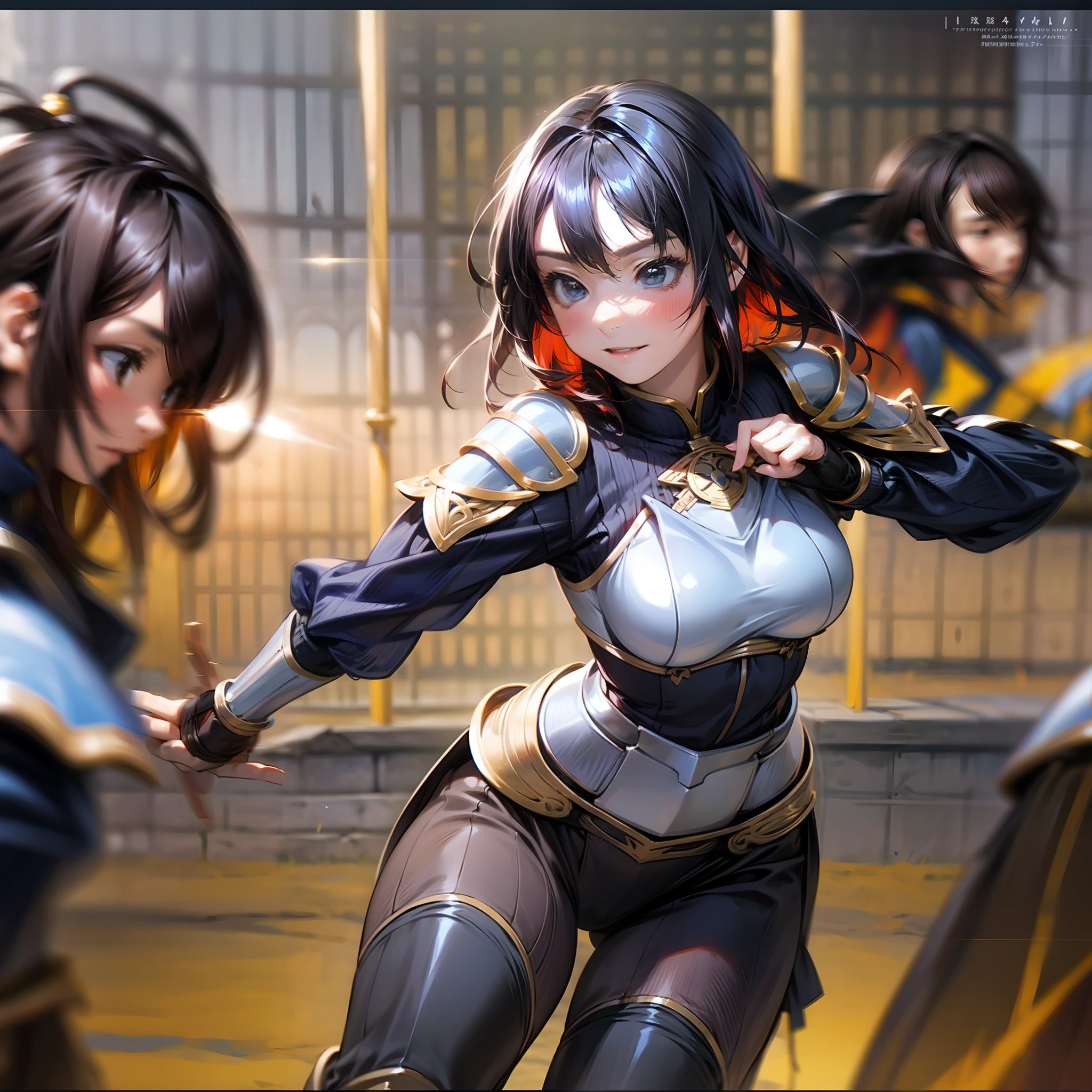 Drawn in 8K ultra-high resolution、brightened、Pleasant moments。The subject is、17-year-old girl knight、Her name is Aki。Her hairstyle is short cut with black hair、illuminated by the sunlight、Gold and red inner colors with holographic technology shine。
Her knightly attire expresses a brave and powerful image。On a shiny silver armor jacket、Black tight leggings。At the foot、Futuristic design red and gold boots。On her hip、Equipped with a holographic knight's sword。
Although she is facing the camera、Behind the scenes, you'll see dynamic battles。Clutching the sword、Her bold swing down is exactly like a warrior knight.。With brilliant steps and instant judgment、Facing the enemy that stands in your way。
The background is the setting for her adventures.、Magnificent scenery spreads out。In the midst of beautiful nature、The river flows、mont々Towering、A majestic castle towers over it。This beautiful scenery enhances the fighting spirit of the warrior knight.、Boosting her courage and determination。
Her figure is、Makes you feel the charm of a knight like a fusion of bravery and grace in battle。Her dynamic fighting pose and keen gaze、Symbolizes the pride and courage of warriors。This upbeat atmosphere is、Empathize with her passion and determination to fight、Brings a sense of sharing chivalry and courage。Join this dynamic battle adventure with her.、You will engrave her courage and warrior heart in your heart.。