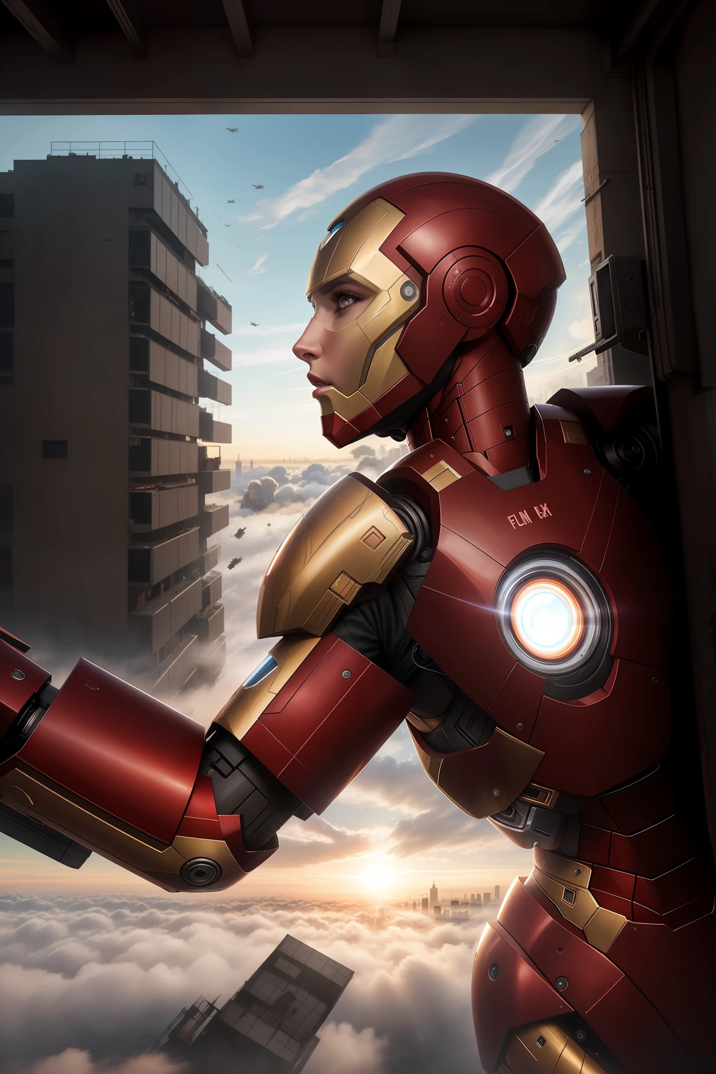 RAW, Masterpiece, Ultra Fine Photo,, Best Quality, Ultra High Resolution, Photorealistic, Sunlight, Full Body Portrait, Stunningly Beautiful,, Dynamic Poses, Delicate Face, Vibrant Eyes, (Side View) , she is wearing a futuristic Iron Man mech, red and gold color scheme, highly detailed abandoned warehouse background, detailed face, detailed and complex busy background, messy, gorgeous, milky white, high detailed skin, realistic skin details, visible pores , sharp focus, volumetric fog, 8k uhd, dslr camera, high quality, film grain, fair skin, photorealism, lomography, sprawling metropolis in futuristic dystopia, view from below, translucent