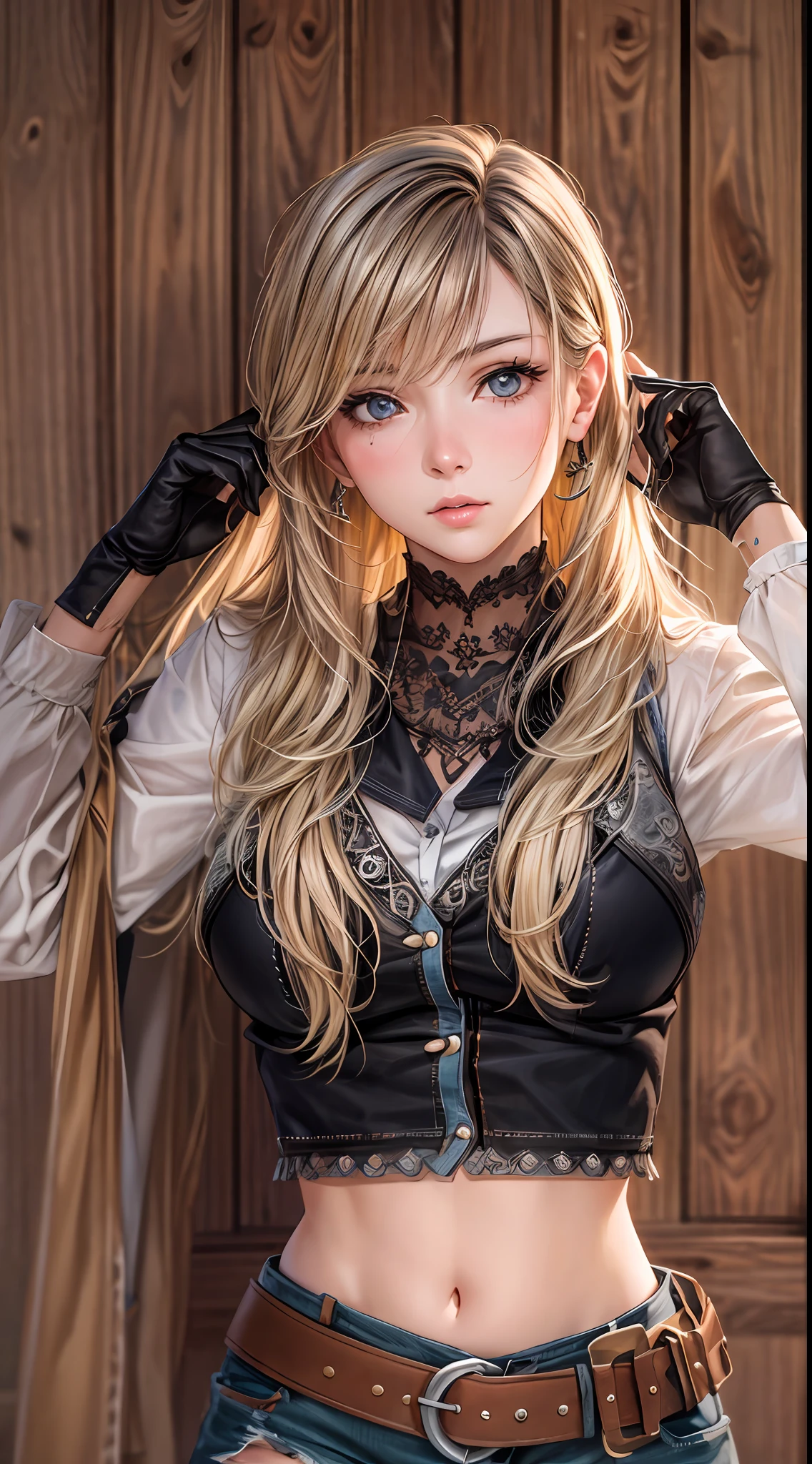 Cinematic portrait photography、octan render、8K、Realistic textures、1girl in、30-years old、A MILF, Calm、Calm、(Eye for realistic details、Realistic skin texture、Realistic face details)、Soft dramatic lighting、depth of fields、bokeh dof、vibrant detail、finely detail、Surreal、100mm film、Hazy blur、filmg、a blond、verd s eyes、Cowgirl costume, cowboy boots, fringe trim, vests, Tied shirt, Midriff, holster, bandana, Sheriff Badge, Glass on the counter, a bar counter, Wooden wall, horseshoe, poster for