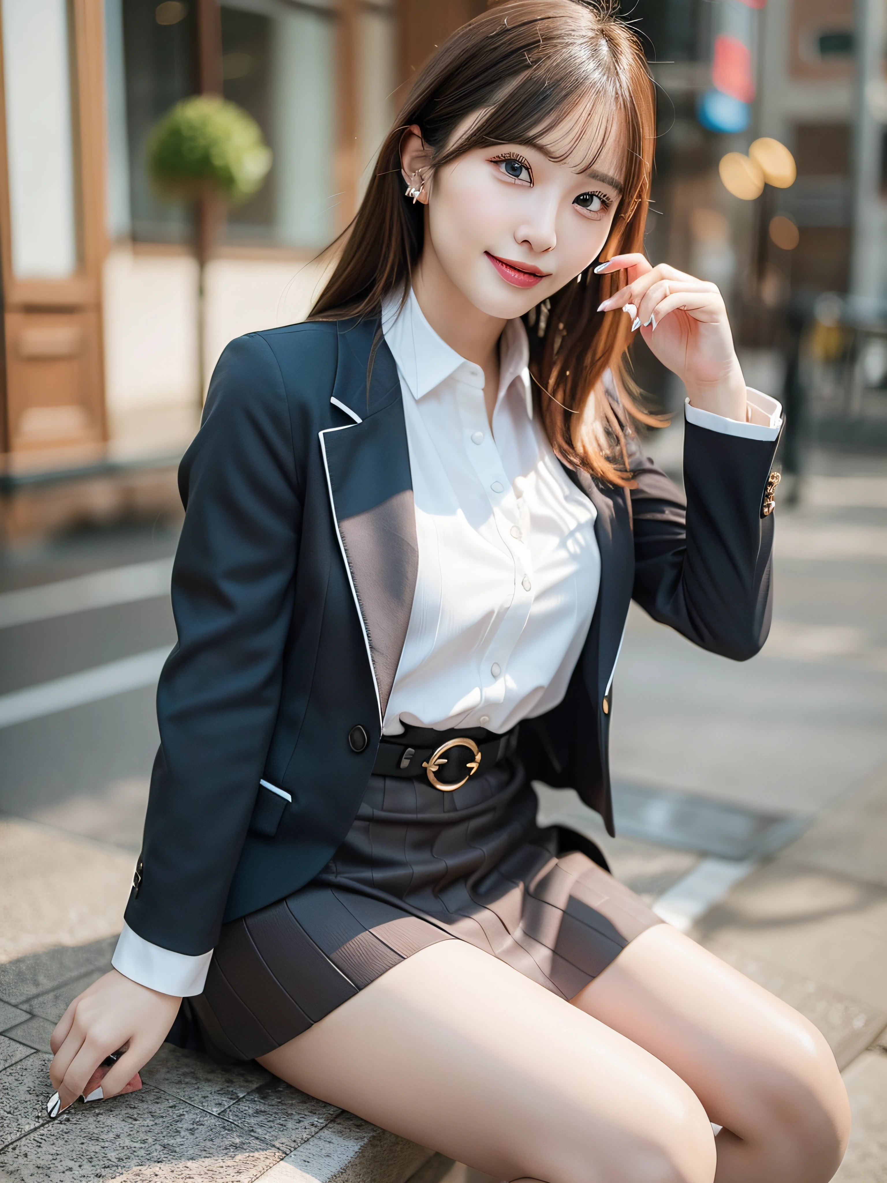 Casual office woman、In the street、Jacket Suit、White blouse with collar、a belt、tight skirts、sitting on、high-heels、fullllbody、top-quality、ultra-detailliert、超A high resolution、(Photorealsitic:1.8)、Saika 1、Erotic face、looking at the viewers、a smile、natural soft light、huge tit
