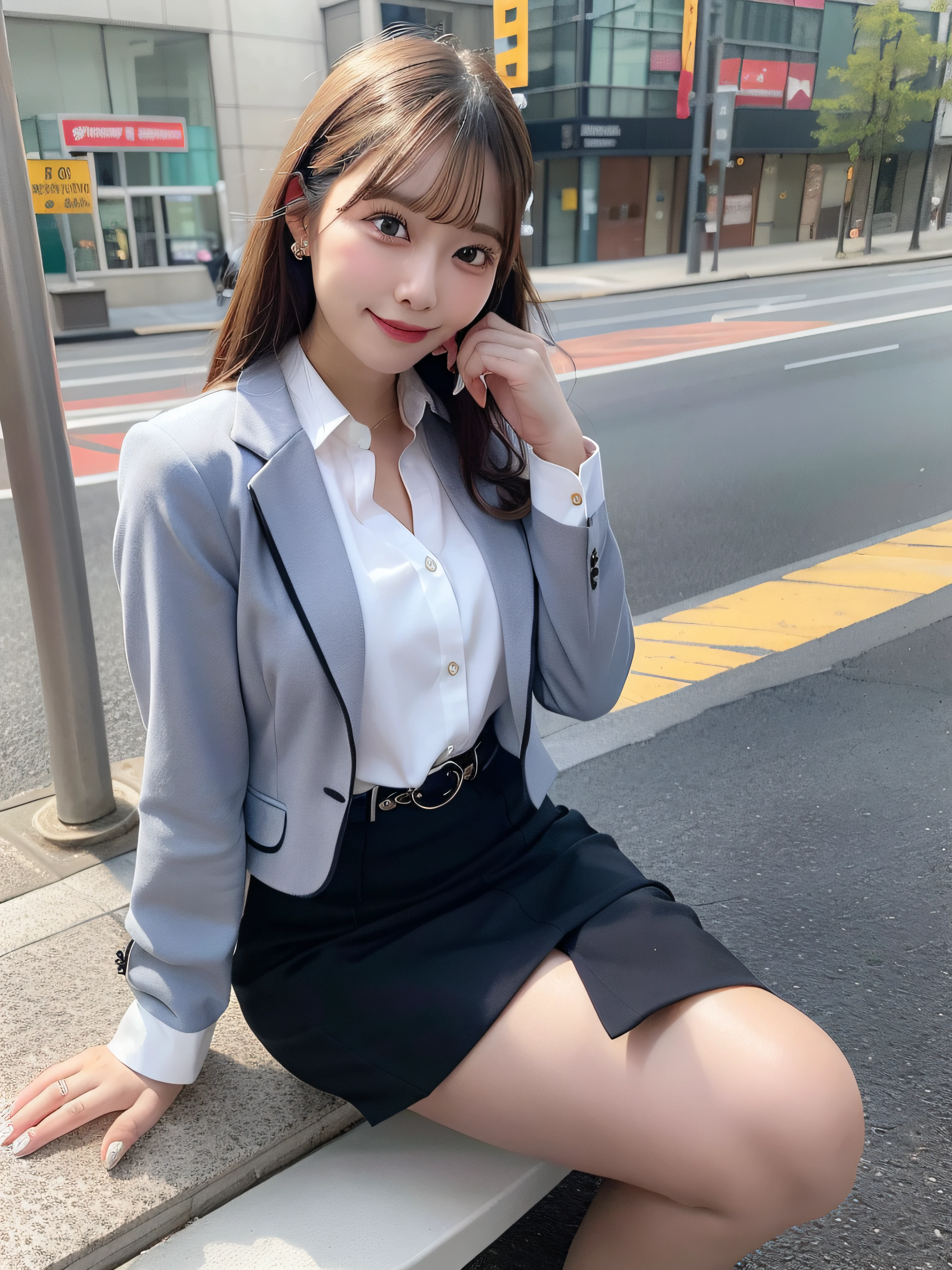 Casual office woman、In the street、Jacket Suit、White blouse with collar、a belt、tight skirts、sitting on、high-heels、fullllbody、top-quality、ultra-detailliert、超A high resolution、(Photorealsitic:1.8)、Saika 1、Erotic face、looking at the viewers、a smile、natural soft light、huge tit