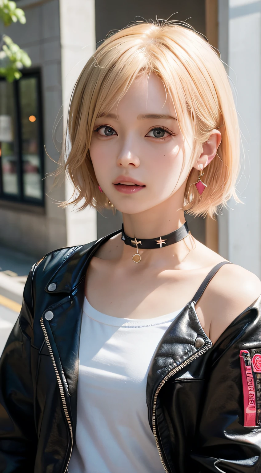 (masutepiece, Best Quality:1.5), (punk, Black Short Riders Jacket, Long sleeve, Choker, Street, Looking at Viewer, Close up face:1.3), Blonde short hair, (violaceaess, gardeniass, Delicate girl, Sophisticated, 8K, 85mm Portrait, Official art, Raw photo, absurderes, Large breasts, Cinch West:0.8), Smile, (Red Shirt, earrings, redish pink lips:1.0), (face lights, clear lighting, cinematic shadow, Sharp Focus:0.8), Bokeh background, Eyes and faces with detailed