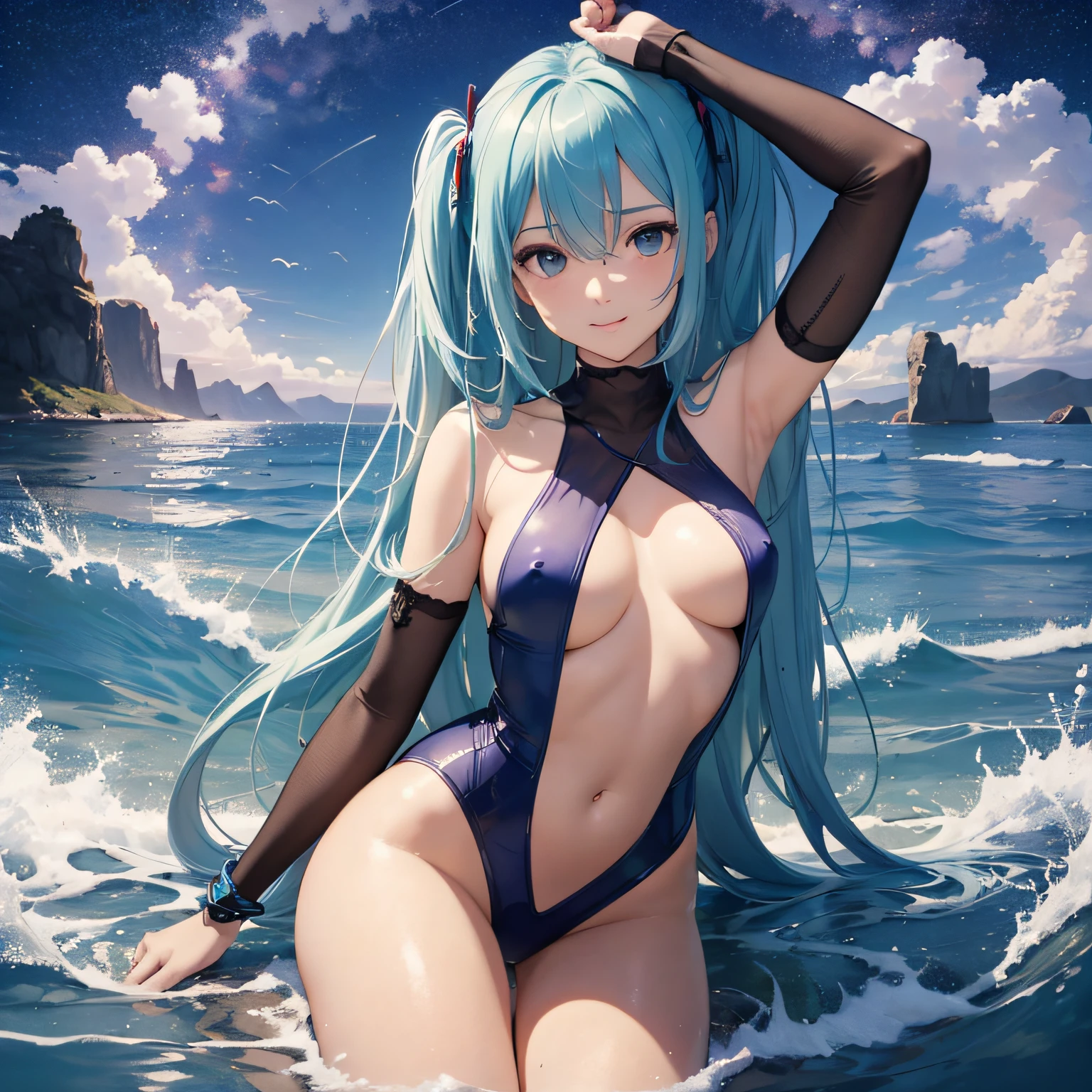 top-quality、Photorealsitic、An ultra-fine illustrations、beautiful attractive anime girl、miku hatsune、slenderbody、one girls、women's pictures、Full body shot、(perfect anatomia)、Beautiful blue eyes、ssmile、deep in the night、(Swimsuit in bright colors with clearly see-through,、Calm sea、sky at night、(Dark background with only sea and sky)、