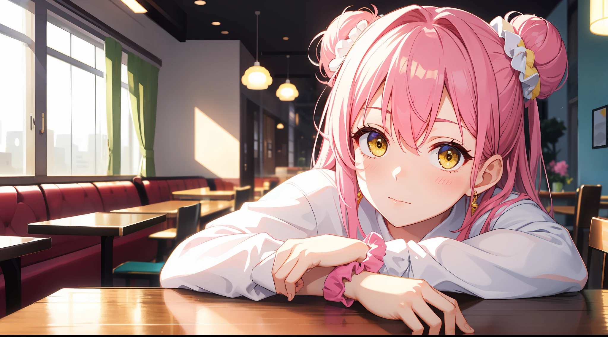 masterpiece , best quality, 1girl, solo, single side bun, pink hair, long hair, white dress, dress, wrist scrunchie, hair bun, scrunchie, yellow eyes, looking at viewer, hair ornament, upper body, (close up:1.2), sitting, indoors, cafe
