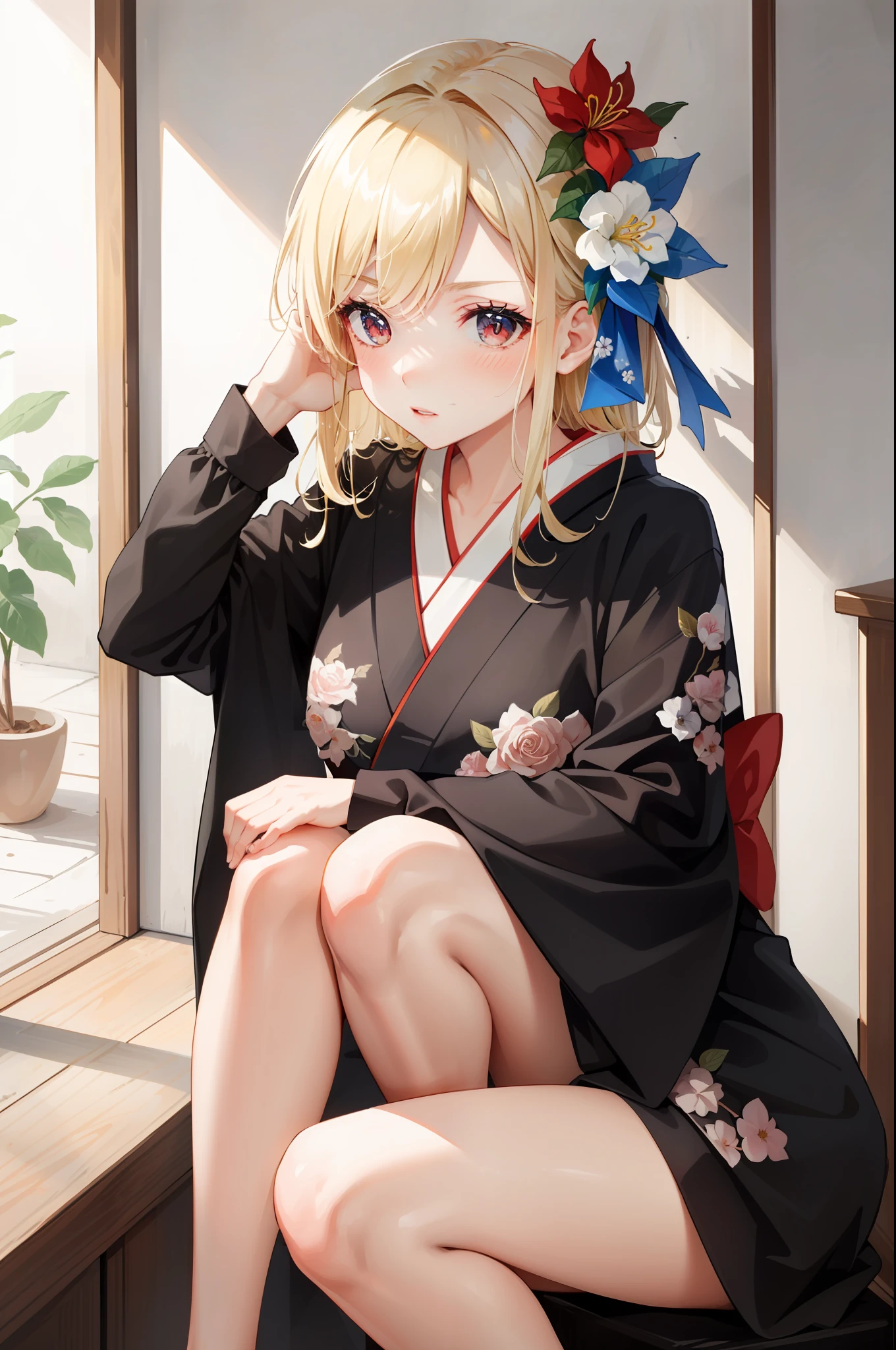 masterpiece, best quality, one girl, solo, kimono, hair flowers, floral, , sitting, hands on their knees, blonde, red eyes
