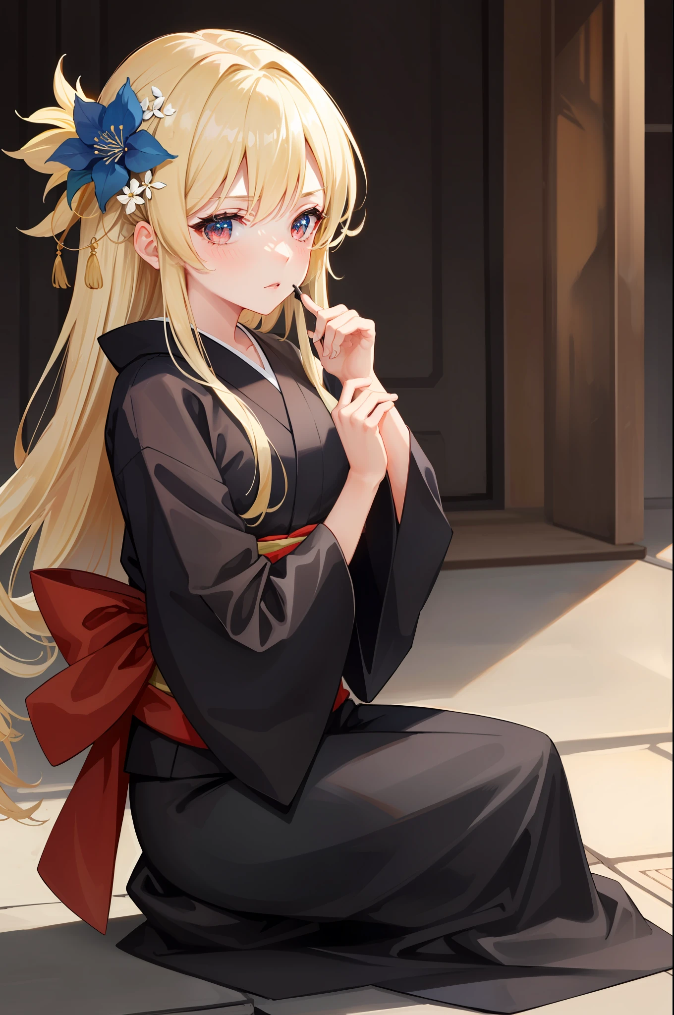 masterpiece, best quality, one girl, solo, kimono, hair flowers, floral, , sitting, hands on their knees, blonde, red eyes