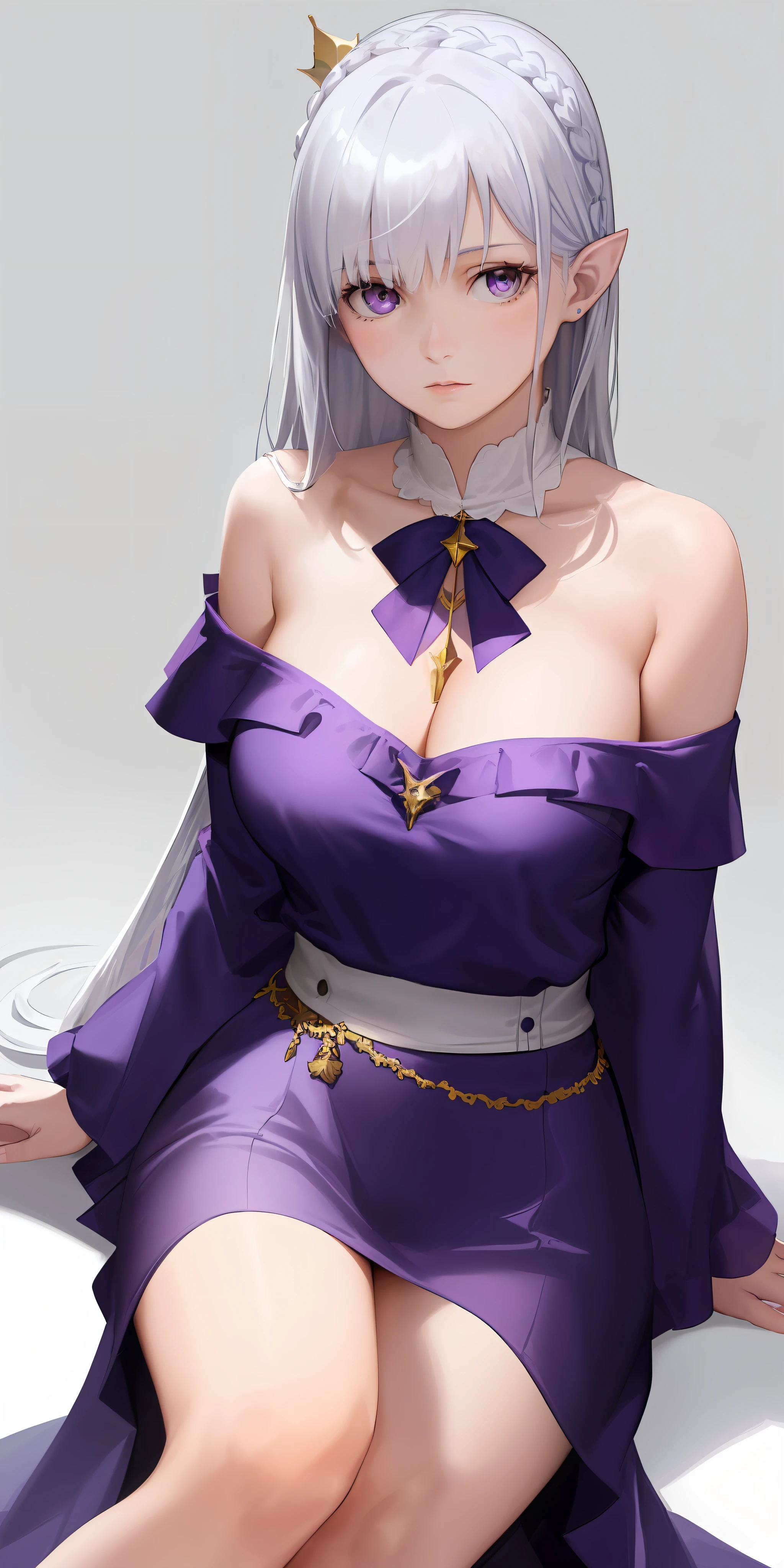 best quality,highly detailed,masterpiece,ultra-detailed,(realistic:1.2), 1girl,(white background),simple background,Delicate eyes,silver hair, purple eyes,hair_ornament,(white off-shoulder shirt:1.3),long hair,pointy_ears,crown_braid,expressionless,Straight hair,(++sitting:1.2),  large breasts,