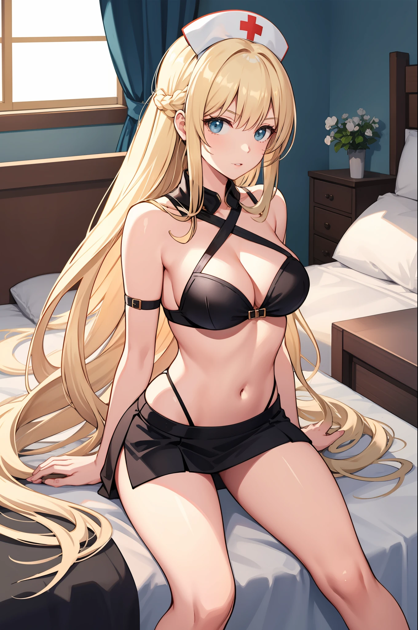 masterpiece, best quality, long hair, medium breast, cleavage, navel, slim legs, morgan fate blonde hair, nurse, afraid, short skirt, mature women, sitting, bedroom