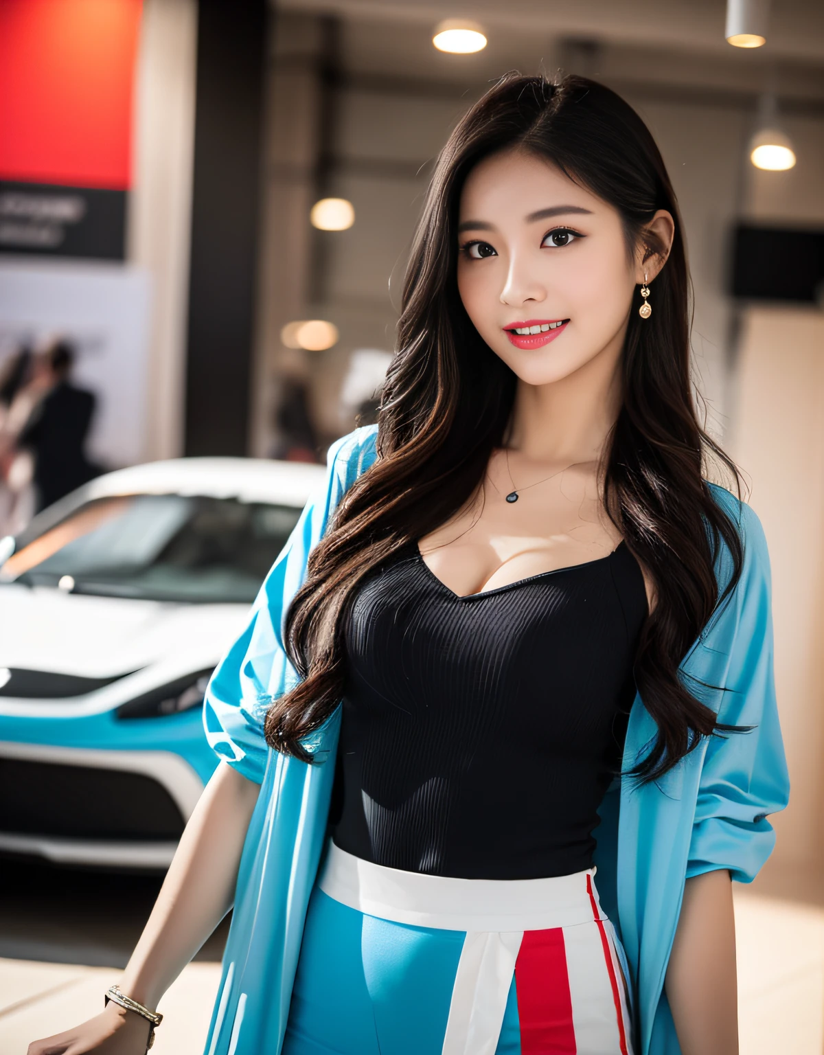 8K UHD, DSLR, Raw foto, Photorealistic, ultra realisic, Cinematic Lightning, high detailed, high detailed skin, High Quality , Tamron SP 70-300mm F/4-5.Photo taken by 6,The highest quality, Slightly visible chest and thighs, The ultra-Highres, slim waist, Lovely smile, highly detailed faces, Detailed lips, Detailed Eyes, Double eyelidd, Long black hair, Black-haired god, Spectacular sports car exhibition, Bright and cheerful atmosphere, Lovely eyes, (Racing models), Racing model costumes, Colorful costume colors, model poses, full body photograph,Bright and tight-fitting clothes, Sexy fashion