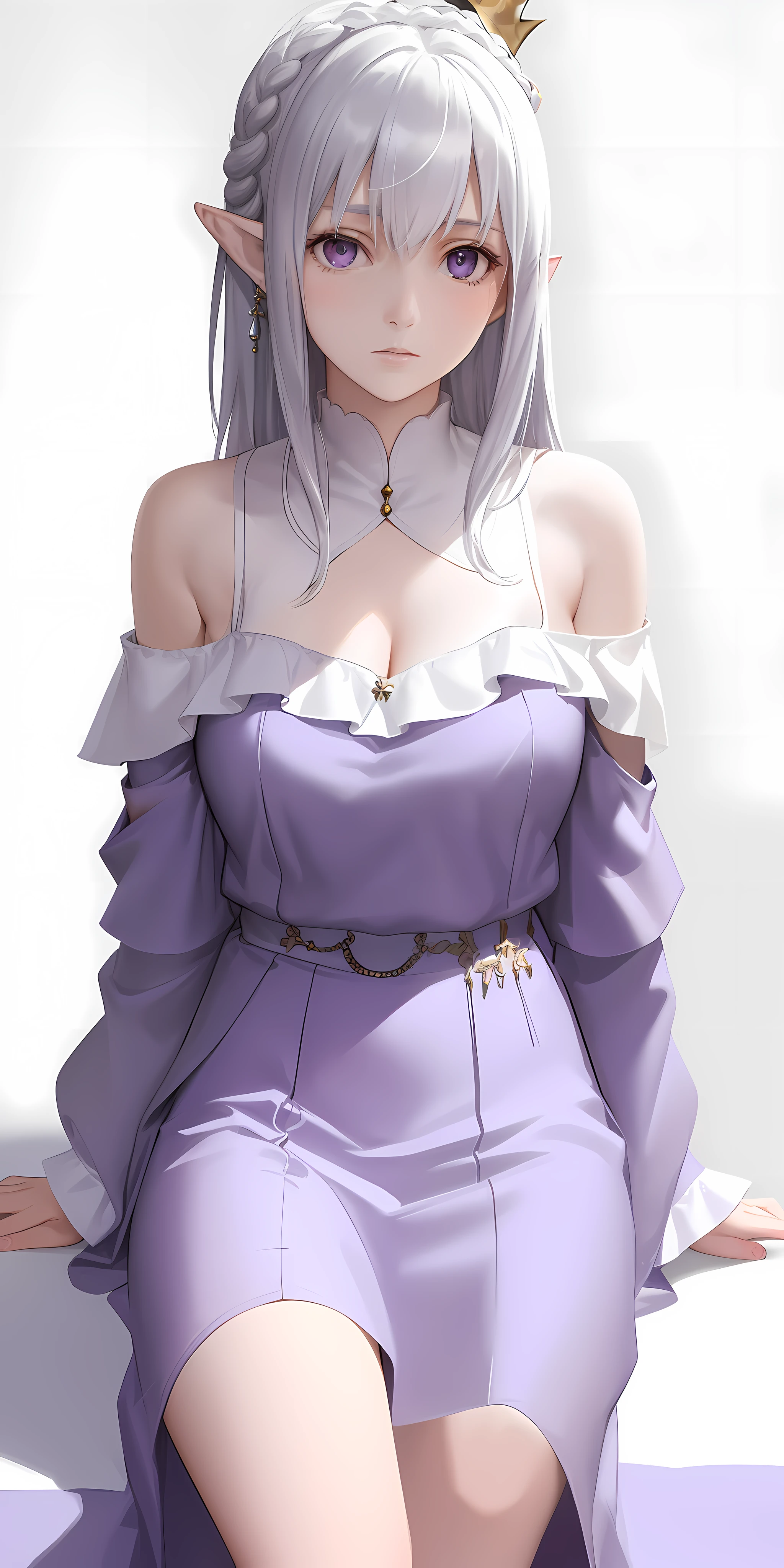 best quality,highly detailed,masterpiece,ultra-detailed,(realistic:1.2), 1girl,(white background),simple background,Delicate eyes,silver hair, purple eyes,hair_ornament,(white off-shoulder shirt:1.3),long hair,pointy_ears,crown_braid,expressionless,Straight hair,(++sitting:1.2),  large breasts,