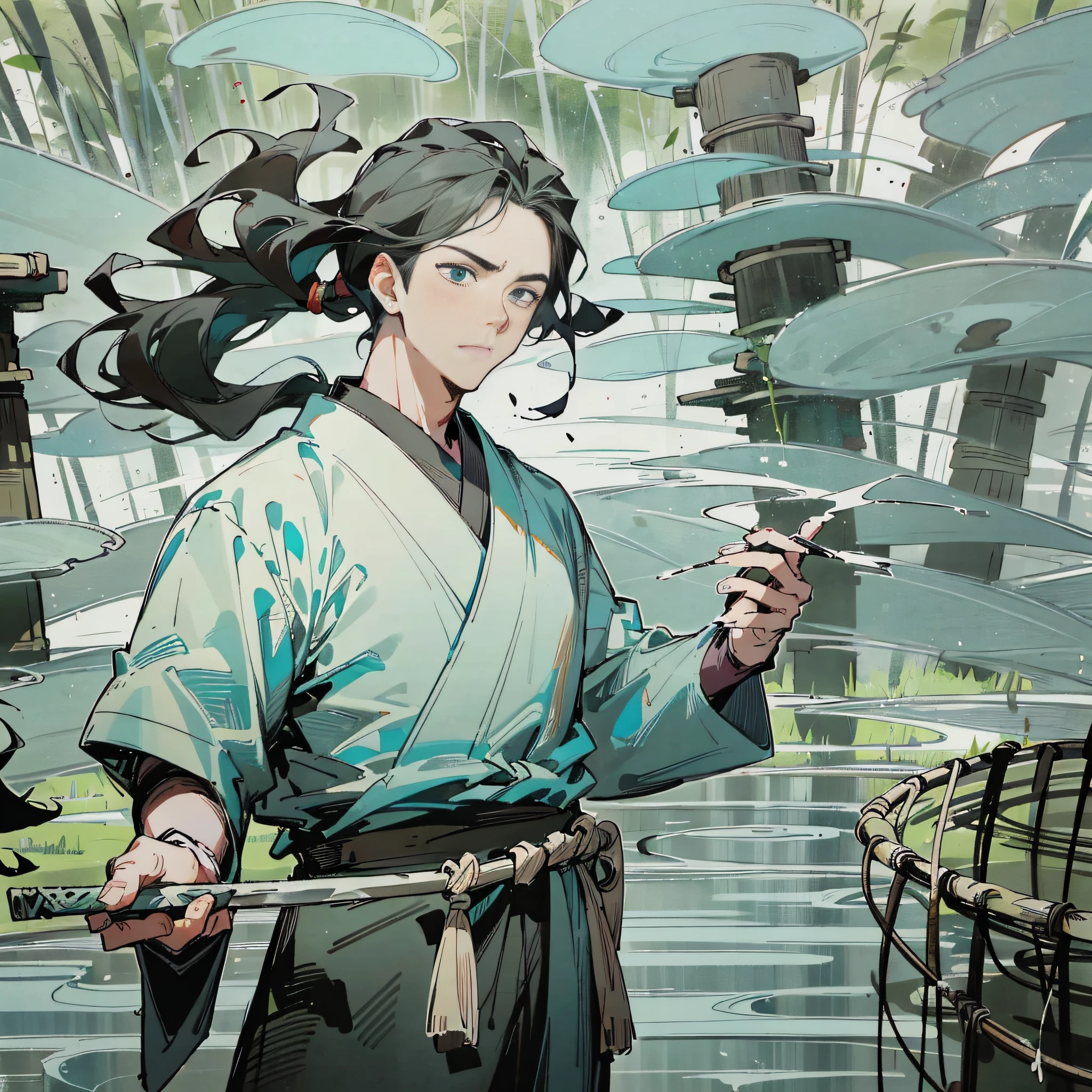 （Immortal level，high high quality）A world of ancient styles that comes to life，Under the dark painting style，[chumbo masculino:(1male people)],Asian people，Black hair，long whitr hair，Thinking，There was a white mist，Cyan Hanfu，He was carrying a cyan bamboo sword