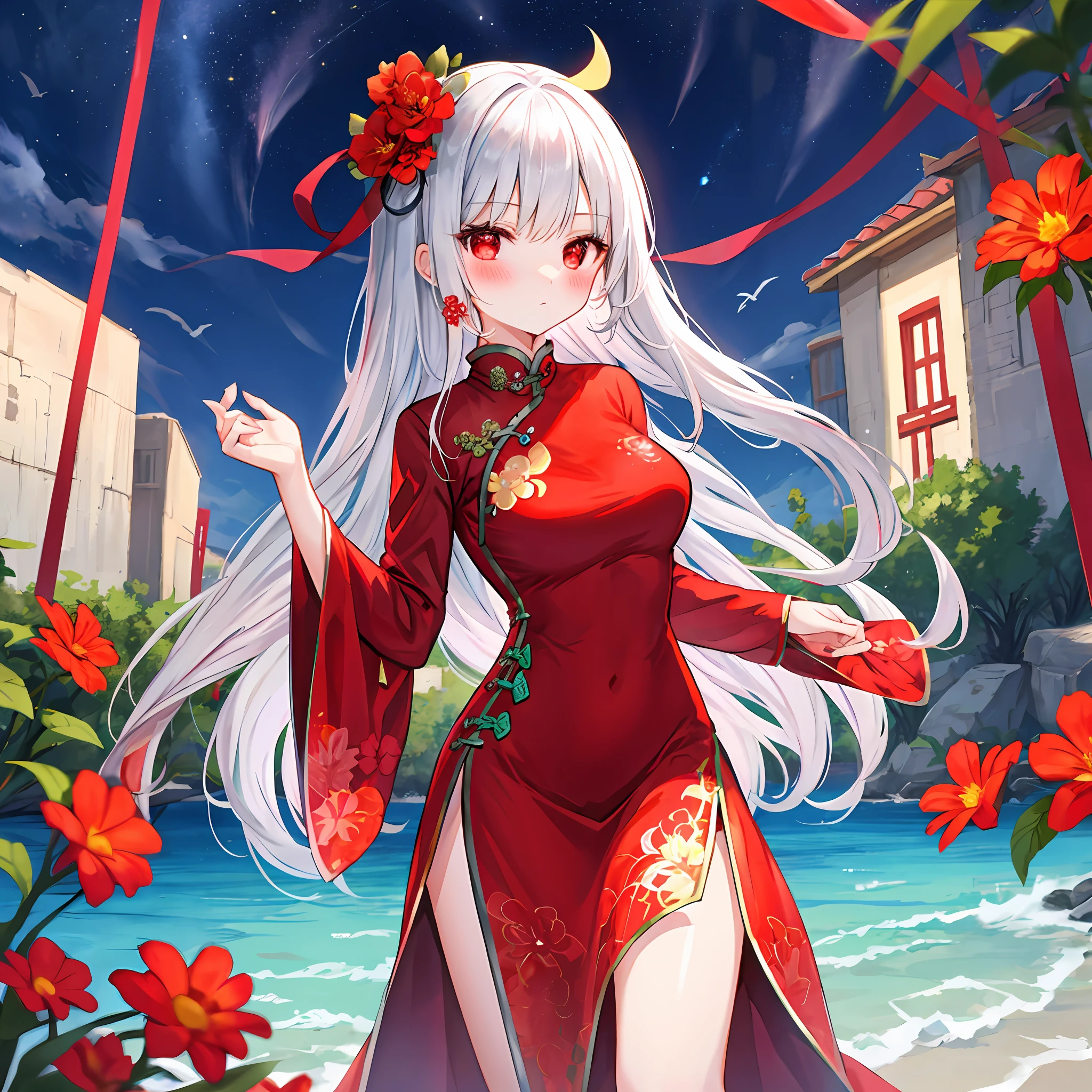 silver hair girl、red eyes、独奏、red blush、qipao dress、florals、suns、lonely