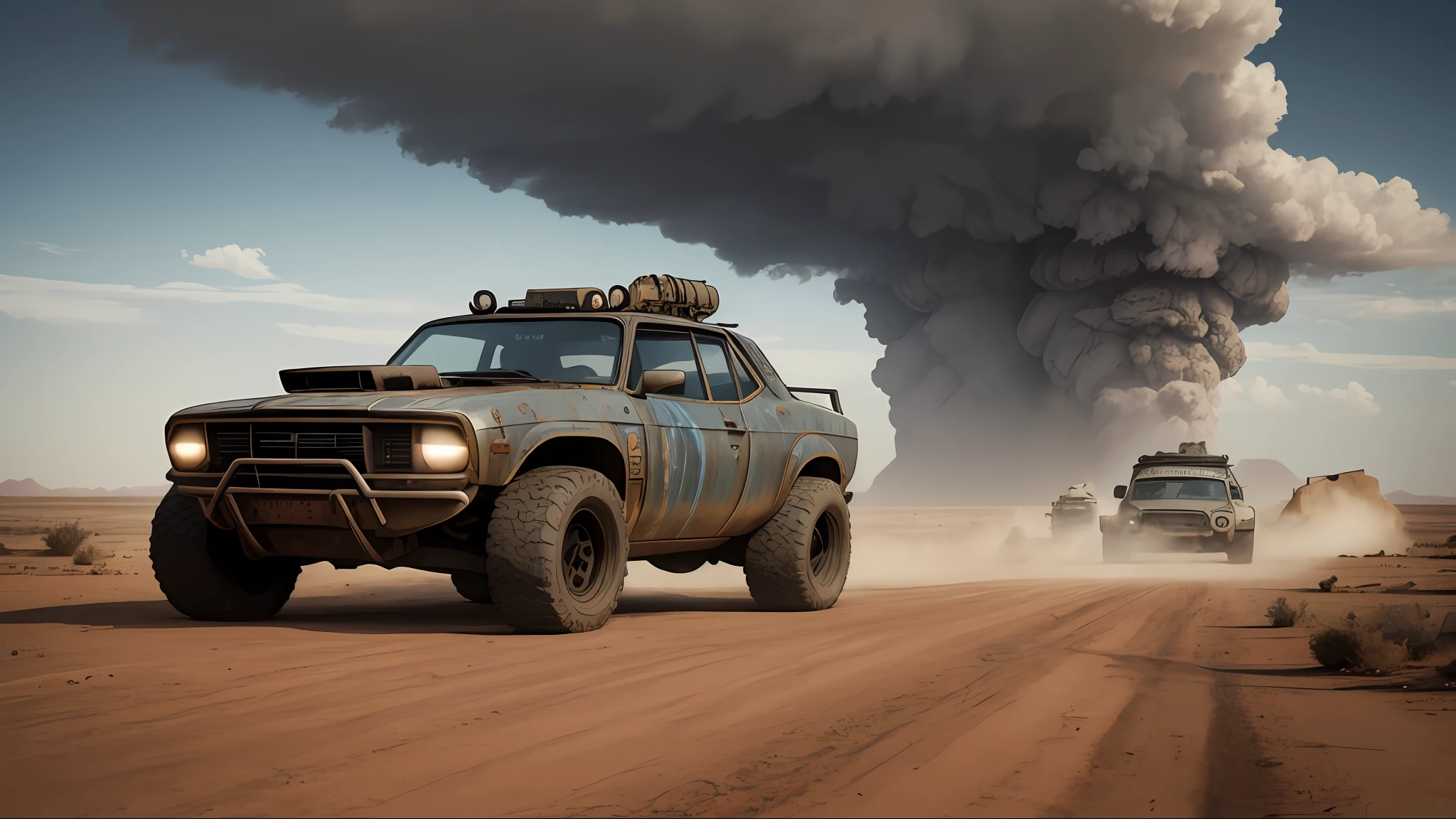 Create a cinematic, filmic image 4k, 8k with [George Miller's Mad Max style]. The image should be captured in a [wide-angle view] and depict [single] a [post-apocalyptic]  V8 [muscle car]. The car's paint is a [black] covered in a spots of [rust] and thin layer of smooth [dust] and [dirt], making it appear [rugged] and [gritty] but with visible [black color]
The car's body should be [sleek] and [aerodynamic], giving it a [low] and [aggressive] stance that conveys [power] and [speed]. The front of the car should feature a [distinctive] front nose cone with [rectangular lights] that adds to its [intimidating] appearance. The car's wheels should be [large] and [sturdy], with [thick] tires that can handle the [rough] terrain of the [post-apocalyptic] wasteland. The rims should be made of [durable] metal with a [unique design] that showcases the car's [individuality].
In addition, the car should have [eight exhaust side pipes]. The car should also feature a Weiand 6-71 [supercharger] mounted on the hood, protruding through the bonnet.
Car should be designed to look both [powerful] and [functional], built to withstand the [harsh] conditions of the [post-apocalyptic] wasteland.
The image should be [ultra-realistic], with [high-resolution] captured in [natural light]. The lighting should create [soft shadows] and showcase the [raw] and [vibrant colors] of the car. The image should be a highly-detailed photography set in a [post-nuclear], [fallout] like setting, conveying a sense of [danger] and [grittiness]. The final image should be a [masterpiece], with a [realistic portrayal] of the Interceptor that is both [intimidating] and [awe-inspiring]. Background should contain [empty desert highway], image takes place before the storm, with the [hot summer sun] still shining brightly in the sky, but in the distance, the sky is a [dark and foreboding shade of blue], hinting at an impending storm