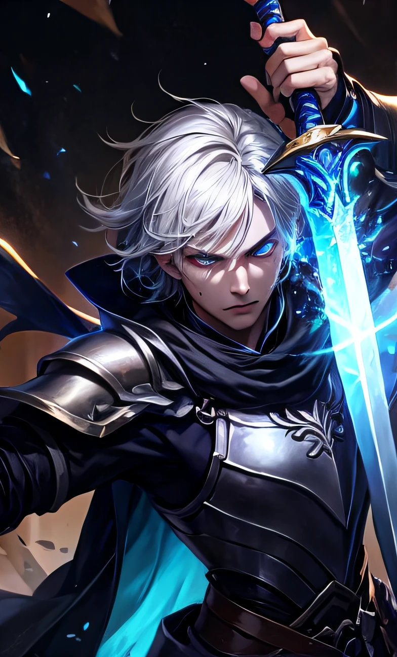 a close up of a person holding a sword and a sword, Official Splash Art,Splash Art, Wallpaper splash art gives a coldness、haughty、mystical feeling，He wore black robes and armor，The hair is also black，The eyes are crimson，As if revealing the pain and anger in his heart。He has heavy hand armor on his arms，The armor on both shoulders emits blue particle fluorescence，Holding a long knife with a sharp glowing blue light。character splash art, iconic character splash art, mobile legends, zhao yun, Extremely detailed Artgerm, xqc, Ashe, arcane jayce