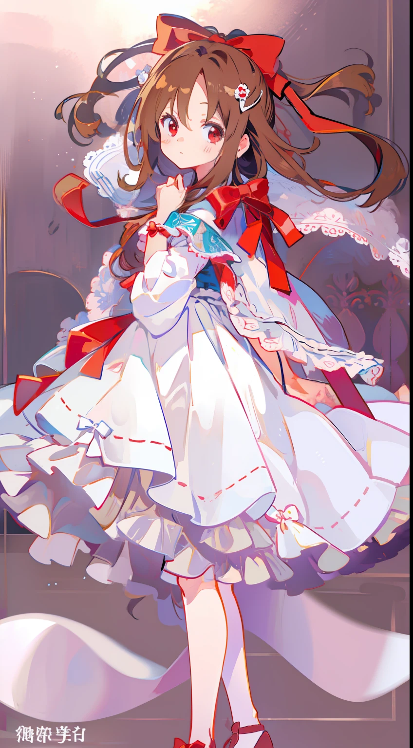Standing Picture、white backgrounid、without background、​masterpiece、Top image quality、top-quality、Brown hair、Red ribbon on head、One knot、onepiece、bow ribbon、frilld、One girl、red eyes