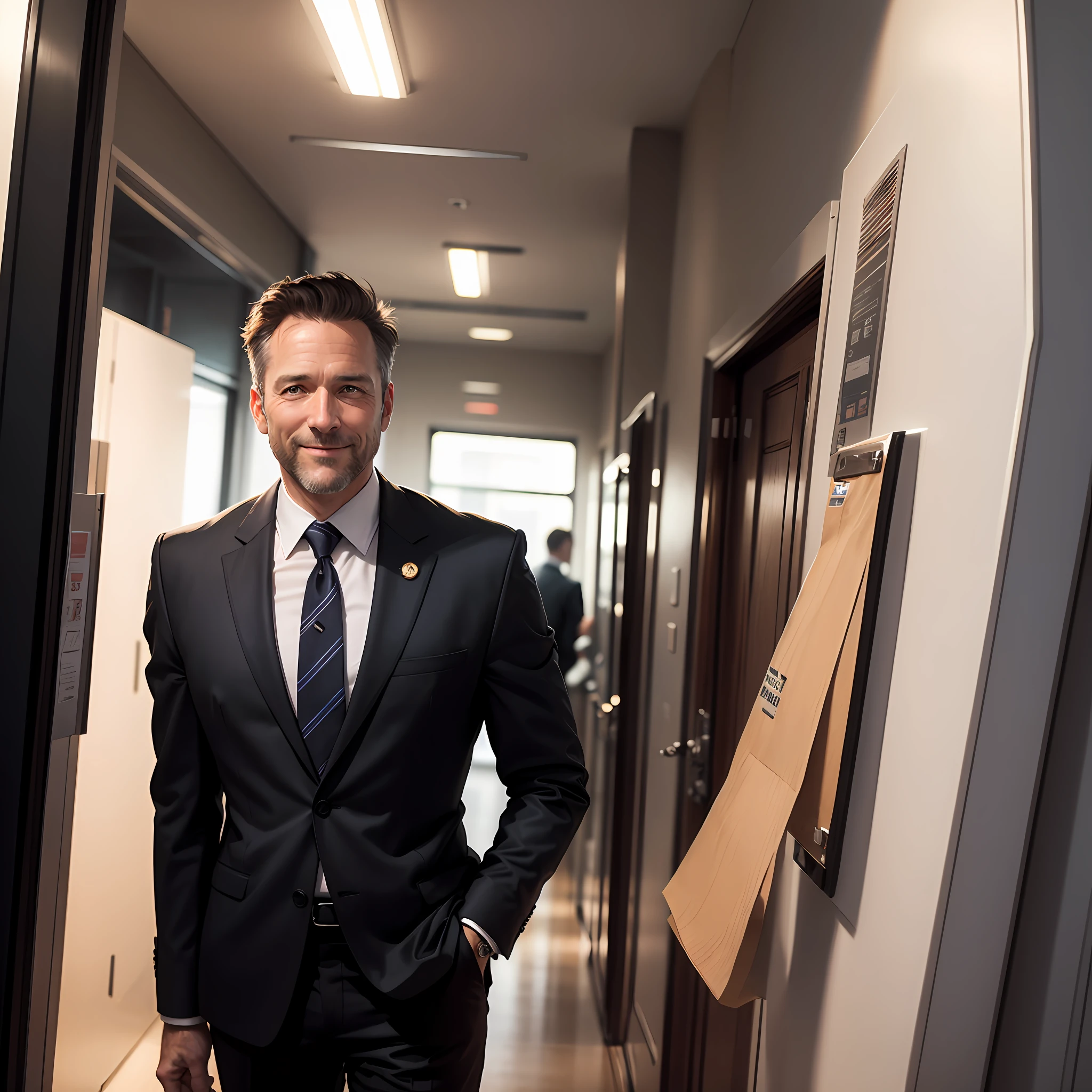 A middle-aged American man,Successful people,wear black suit,sedate,ssmile,Wave hello to the surroundings
