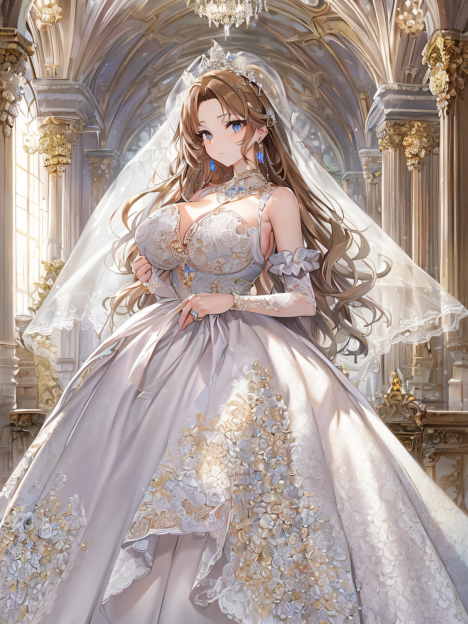 ((anime artstyle)),(Masterpiece),(Best Quality), (Super Detail),((Very Delicate and Beautiful)),Focus on character,Dynamic Angle,Looking at viewer,((Solo)),standing,((full body)),((one princess in gorgeous ball gown wedding dress with voluminous skirt)),((June bride)),detailed face and eyes,jewel-like eyes,((Very Long voluminous Hair)),gorgeous embroidery and lace,((gorgeous corsage)),See-through,(Gorgeous jewelry ornaments),luxury hair ornament,luxury tiara with jewels,ornate ruffles,((gigantic breasts,Long breasts)),indoor,church wedding,((full body)),hoop skirt,crinoline,very long wedding veil,(((fusion of jeweled wedding dress and gorgeous embroidery rococo ballgown)))