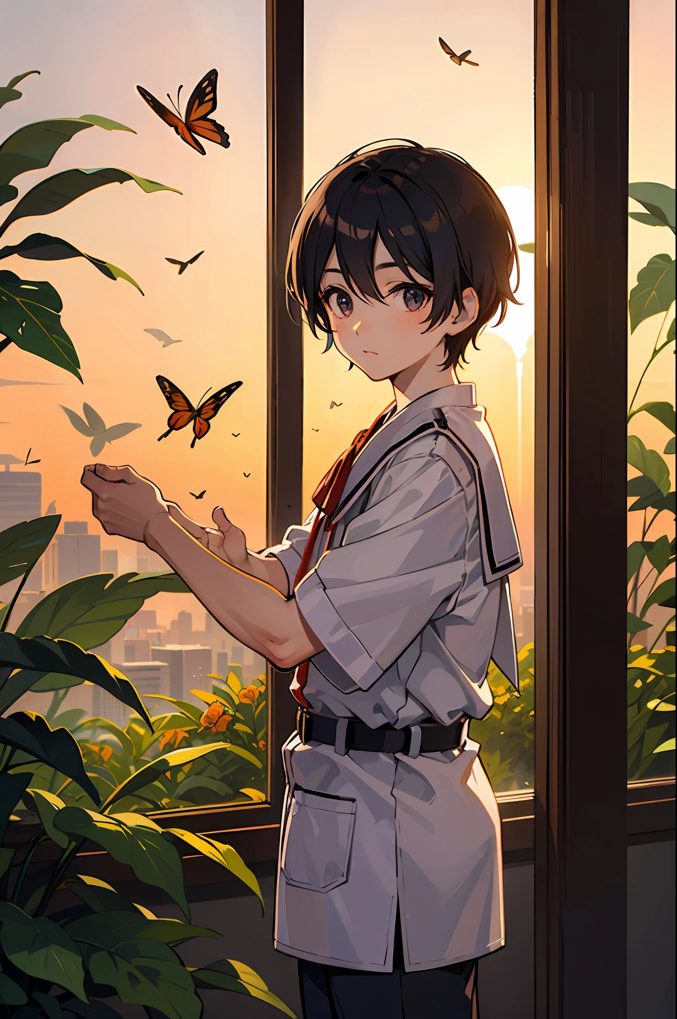 Shota，the setting sun，butterflys，城市，younge boy，glass --auto