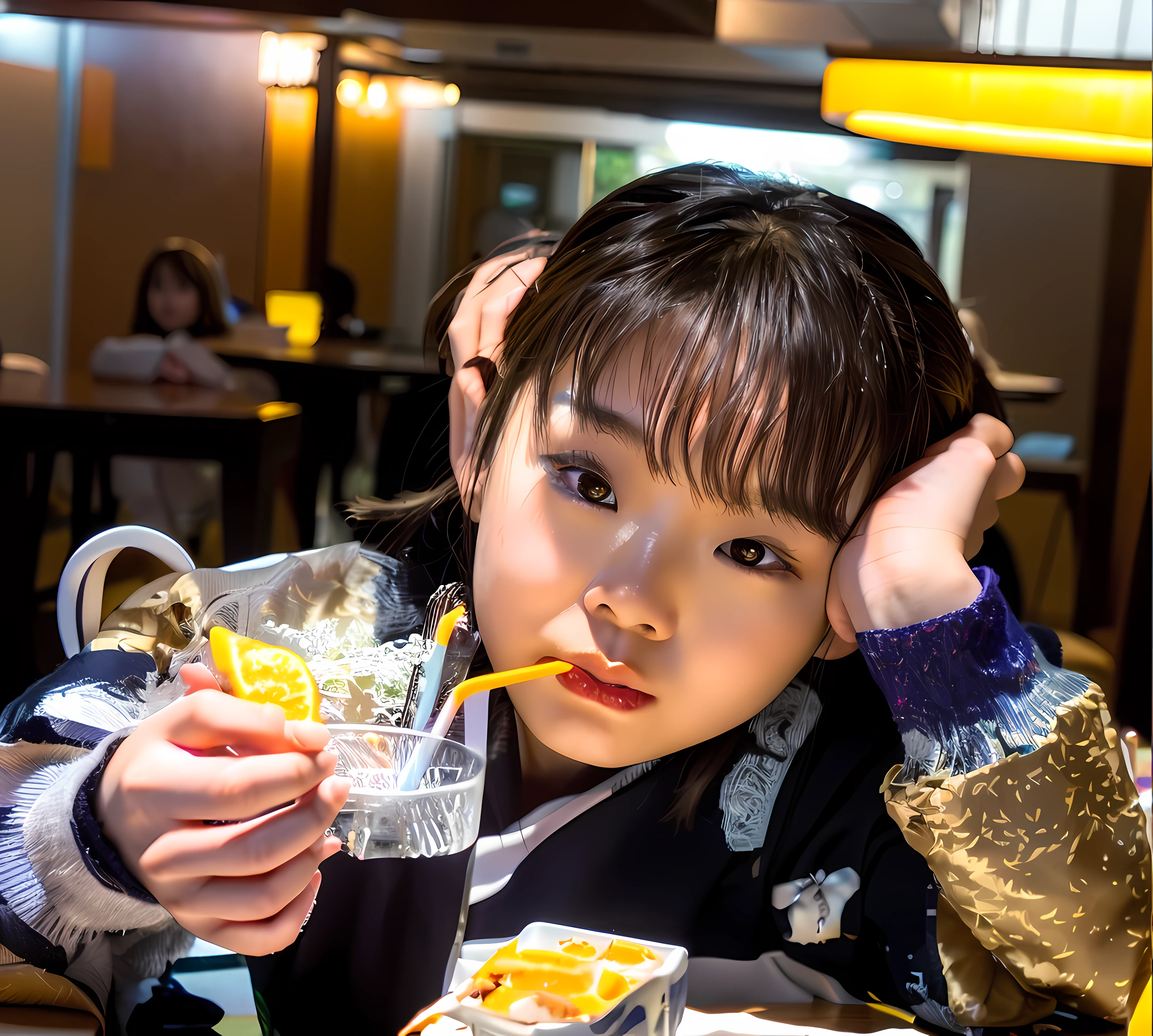 There was a young girl sitting at the table,Drinking drinks and orange juice, Young Asian girl, lulu chen, chiho, jaeyeon nam, Eating, Li Zixin, shot on nikon z9, 2 years old, Chinese girl, Gemma Chen, Zhang Wanting, Photo taken with Nikon D750, fubuki