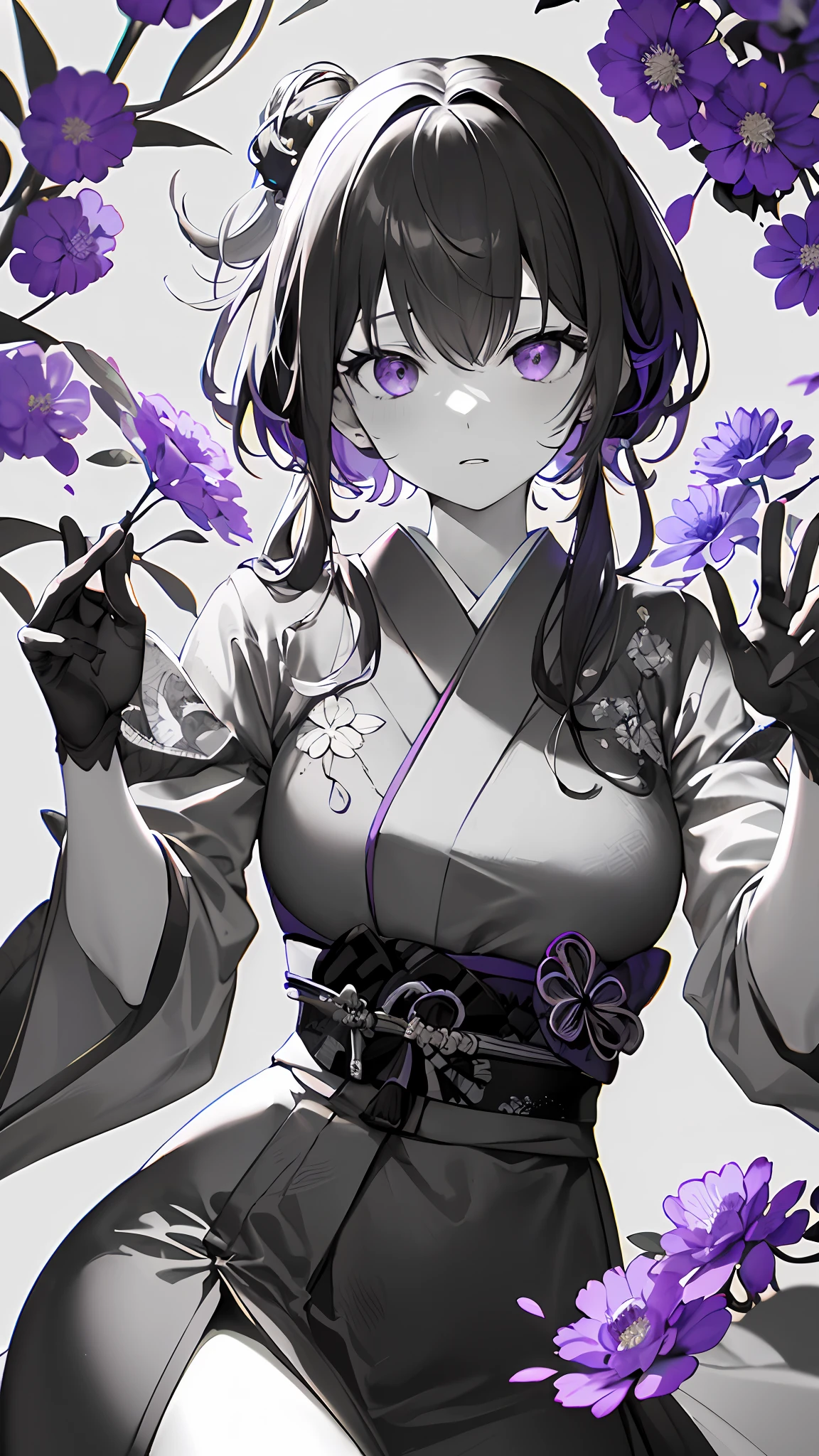 {{{{masterpiece}}}}, {{{hyper detailed}}}, {{{highres}}}, {{good anatomy}}, (((best quality))), ((an extremely delicate and beautiful)), {{an extremely detailed and delicate}}, {8k cg wallpaper}, {{illustration}}, ((greyscale with colored background)), ray tracing, bokeh, 1girl, solo, detailed face, (purple eyes:1.2), (((medium breasts))), (japenese clothes:1.5), (purple flowers:1.2), hiten1,