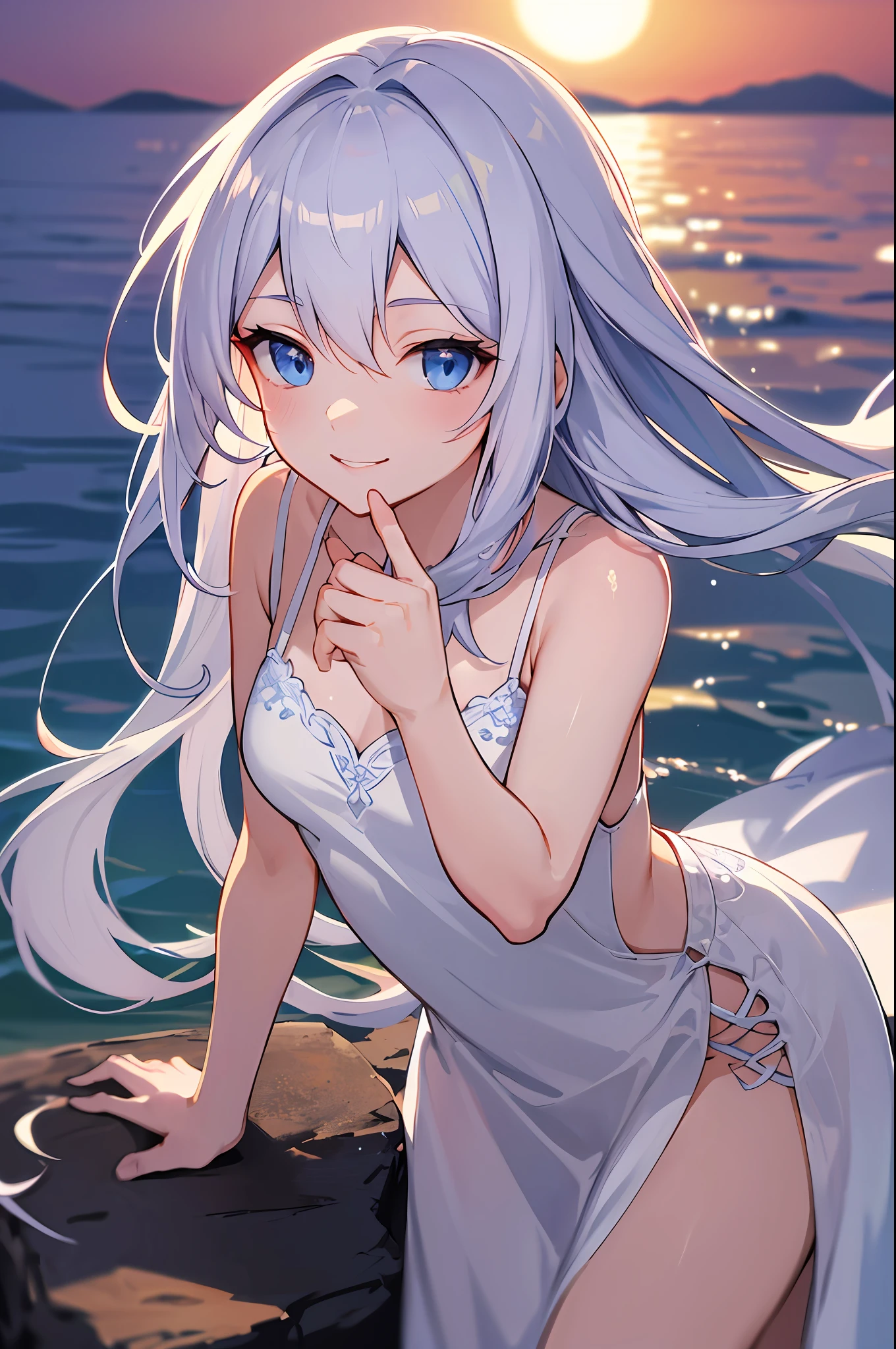 (Masterpiece, Best quality, A high resolution:1.4), 1girll, ((Unity 8k wallpaper, illustration, , beautiful and delicate detailed girl)), Small breasts, , Smile,Girl, Long hair, White hair, Blue eyes,Close-up,against backlight at dusk,, strong rimlight, intense shading, beautiful purple sunset at beach,Long white backless dress,Leaning forward,