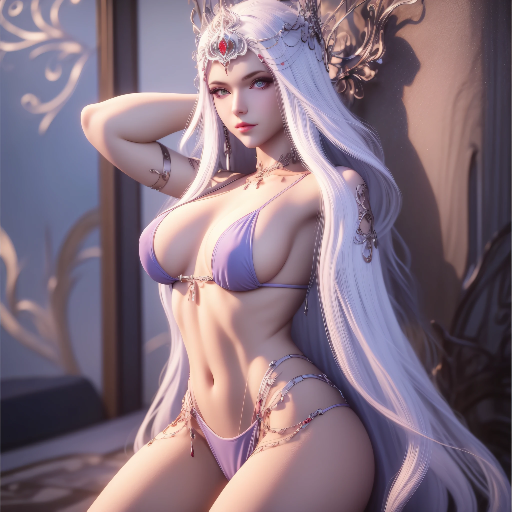 1girl, breasts, depth of field, bikini, long hair, looking at viewer, bigbreasts, solo, very long hair, white hair, just one person