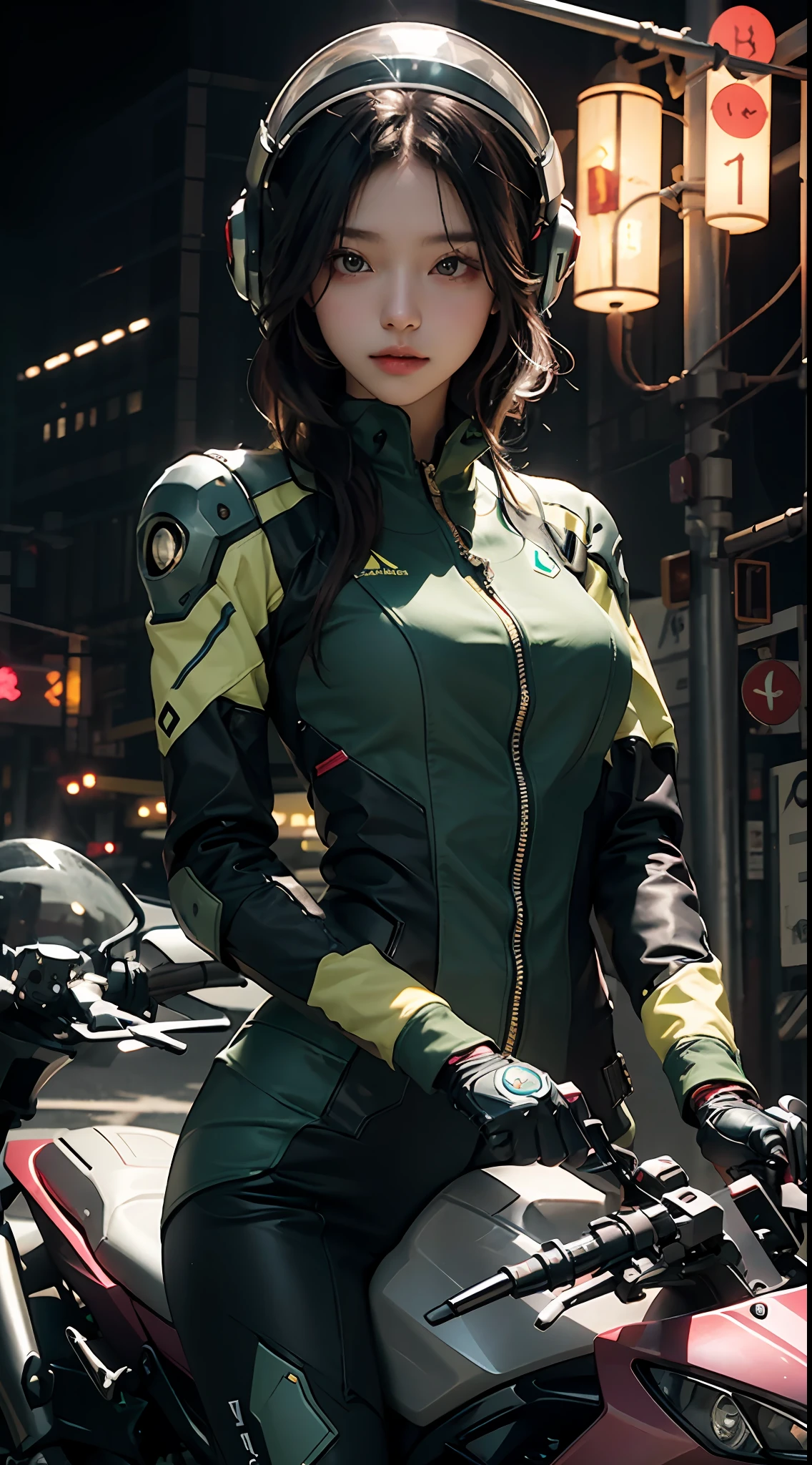Highest image quality，Outstanding details，超高分辨率，（Fidelity：1.4），The best illustration，Favor the details，Highly cohesive 1girl，He has a delicate and beautiful face，Dressed in a mech with dark green as the main pink supplement，wearing a mech helmet，Hold the direction controller，Riding on a motorcycle，The background is a high-tech lighting scene in the future city。