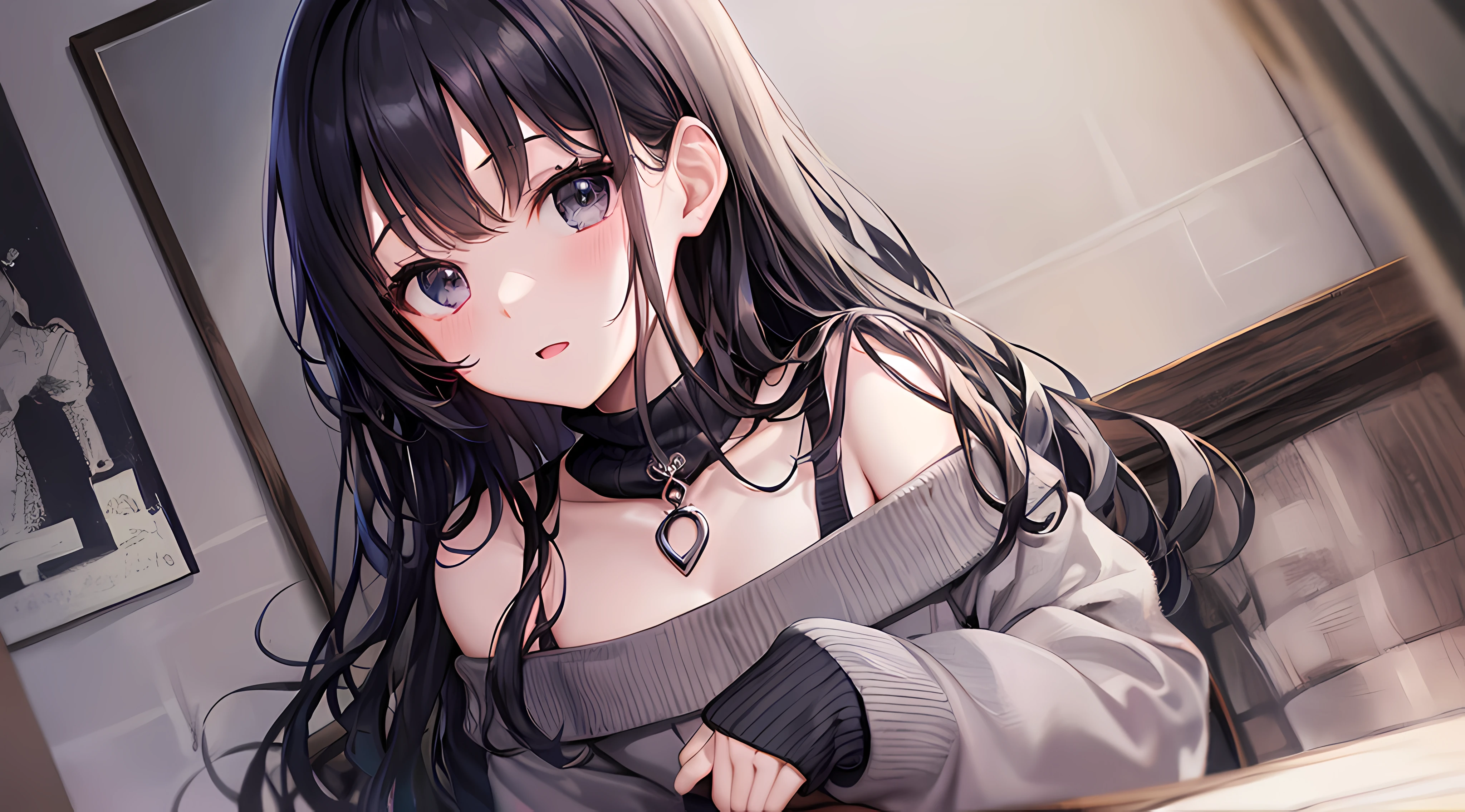 ((Chest opening off-shoulder sweater)) 、 Long black hair with slightly wavy hair、Black eyes、Superlative quality、（（Top-notch image quality））、Neat and clean girls、beautiful a girl、Erotic look、Cute *********** s、hi-school girl、cute little