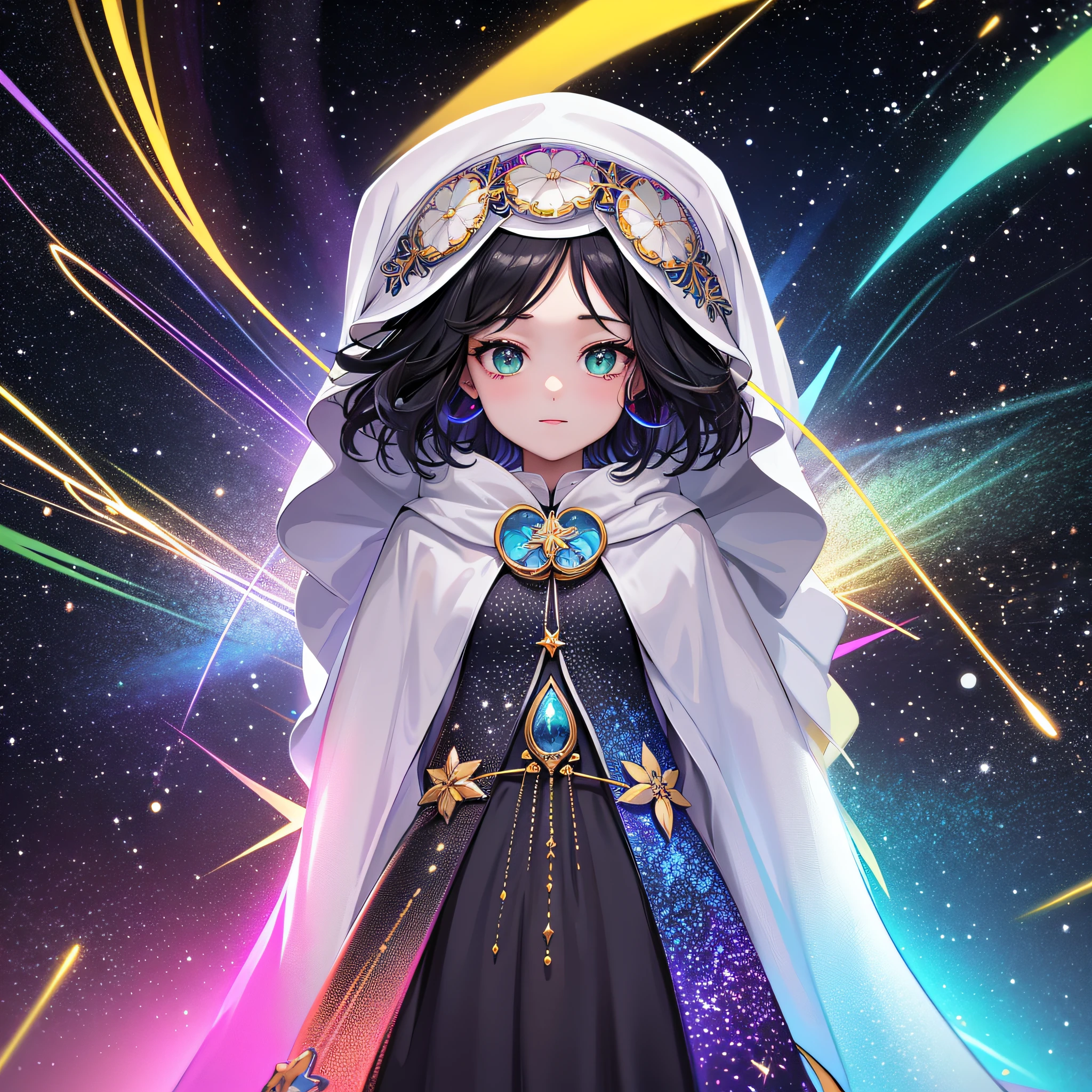 (tmasterpiece,top Quority,best qualtiy,offcial art,Beauty and aesthetics:1.2), Women's hundred wrinkle dresses are very detailed,(s fractal art:1.3),Extremely colorful,Most detailed,s the perfect face,The upper part of the body,hdr,(DOA:1.3 ), (White Cloak Gold thread:1.2), galaxias, (light lines), striking visual effects, (dynamic streaks, Luminous trajectory:1.2), vivd colour,