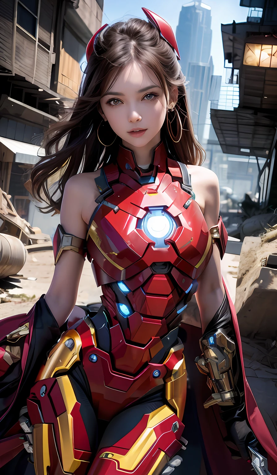 A mech that fills the chest,Complete the mech energy module in the middle of the chest,She wears a futuristic Iron Man mech,Red and blue color scheme