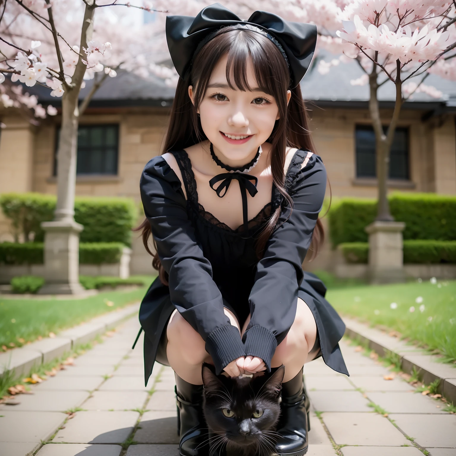 teens girl，A dark-haired，Gothic ****ta，Semi-long，springtime，a miniskirt，Teen，crouching down，be shy，smil，black cat，real picture，cherry trees，stone pavement，western building，outside of house，Pochette，Smartphone，taking photo