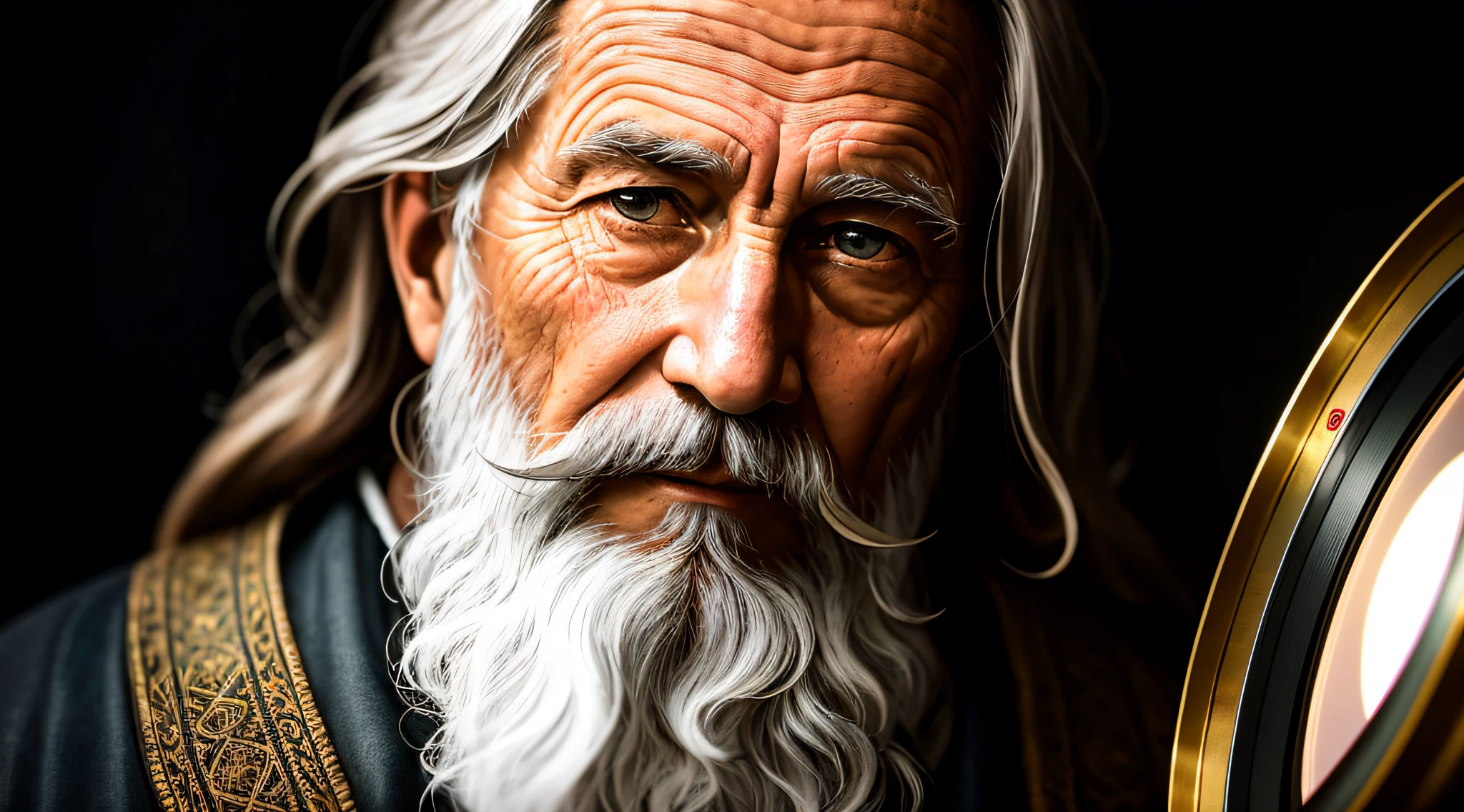 "A detailed portrait of a wise and weathered wizard with a majestic beard, expressive eyes, and wrinkled features. The photograph captures the intricate details of his face, with a focus on the high level of craftsmanship. Taken in a dark studio, the dramatic rim light adds depth and intensity to the composition. Shot with a Nikon D850 using a 50mm lens at an aperture of f/1.4."
